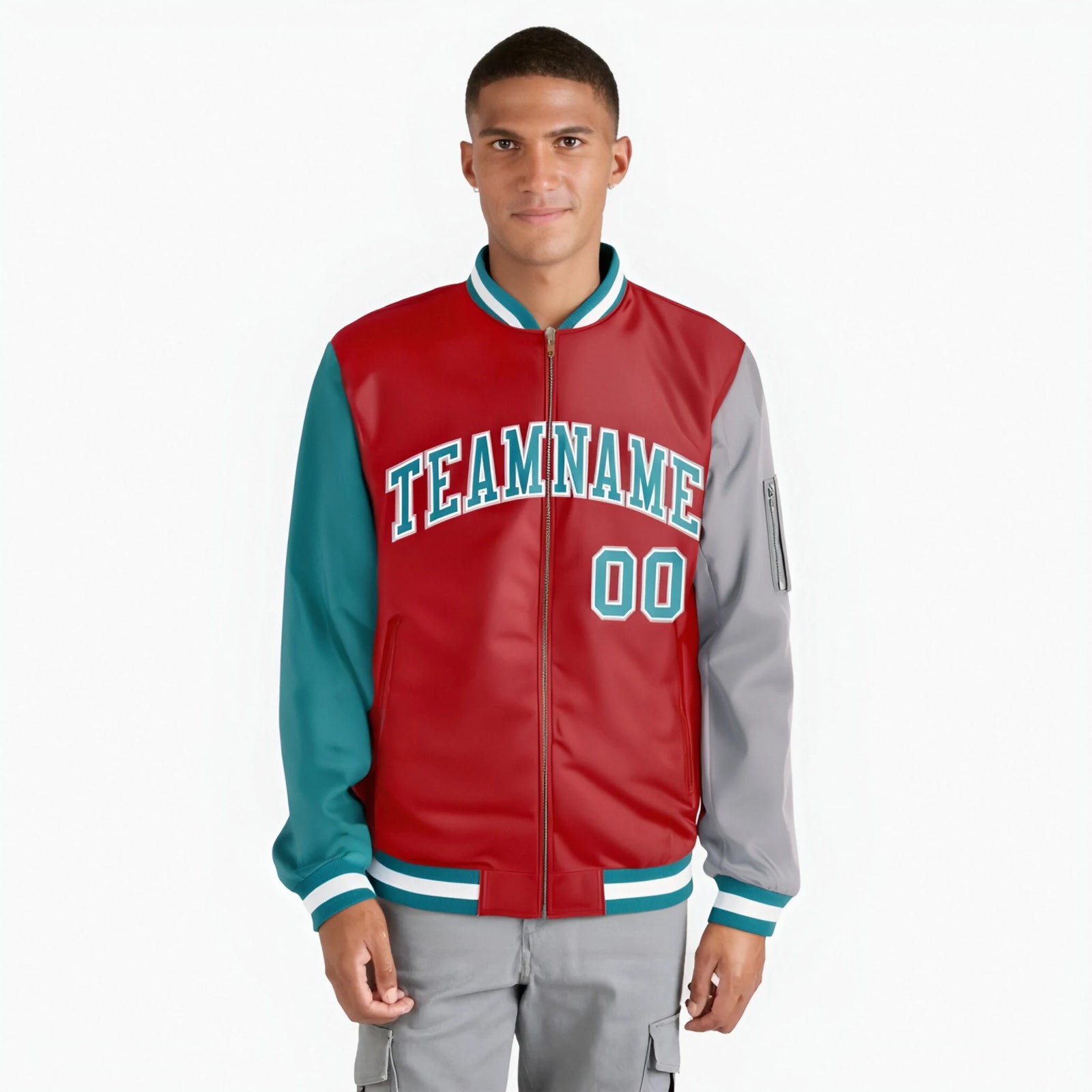 Custom Red Gray-Aqua Varsity Full-Zip Raglan Sleeves Letterman Bomber Jacket
