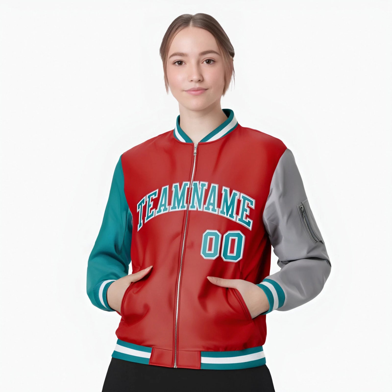 Custom Red Gray-Aqua Varsity Full-Zip Raglan Sleeves Letterman Bomber Jacket