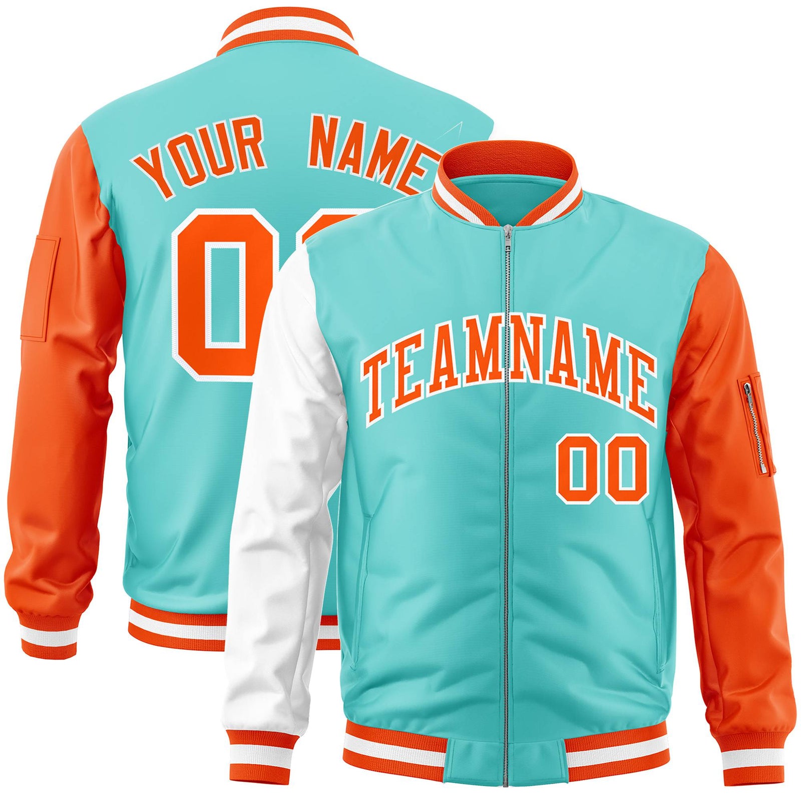 Custom Aqua Orange-White Varsity Full-Zip Raglan Sleeves Letterman Bomber Jacket