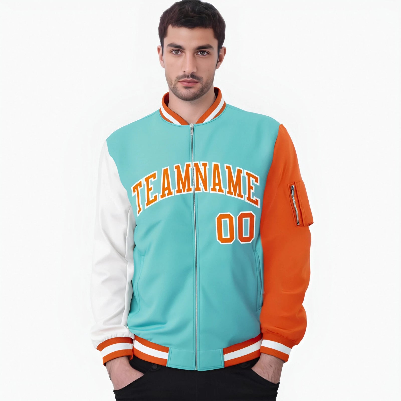 Custom Aqua Orange-White Varsity Full-Zip Raglan Sleeves Letterman Bomber Jacket