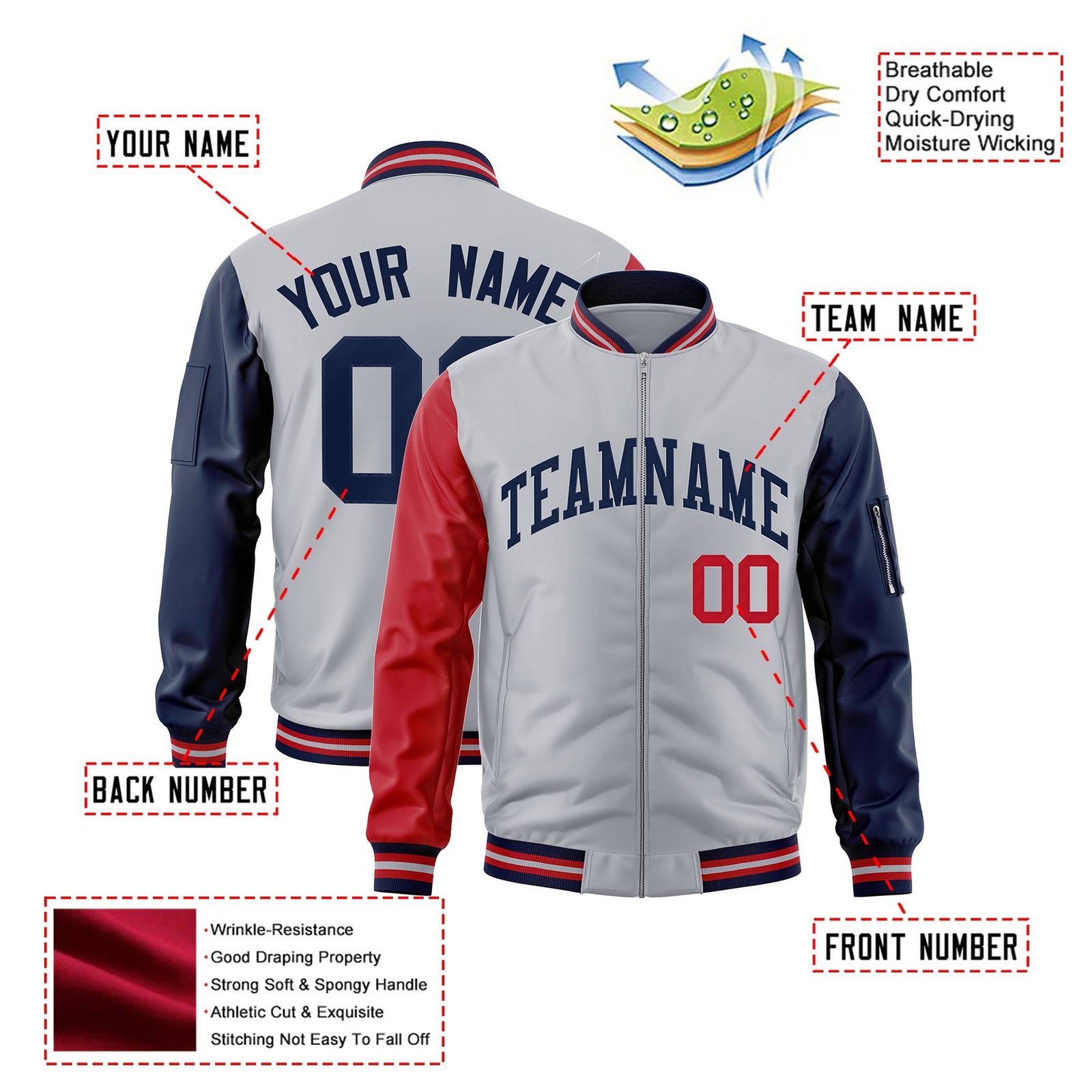 Custom Gray Navy-Red Varsity Full-Zip Raglan Sleeves Letterman Bomber Jacket