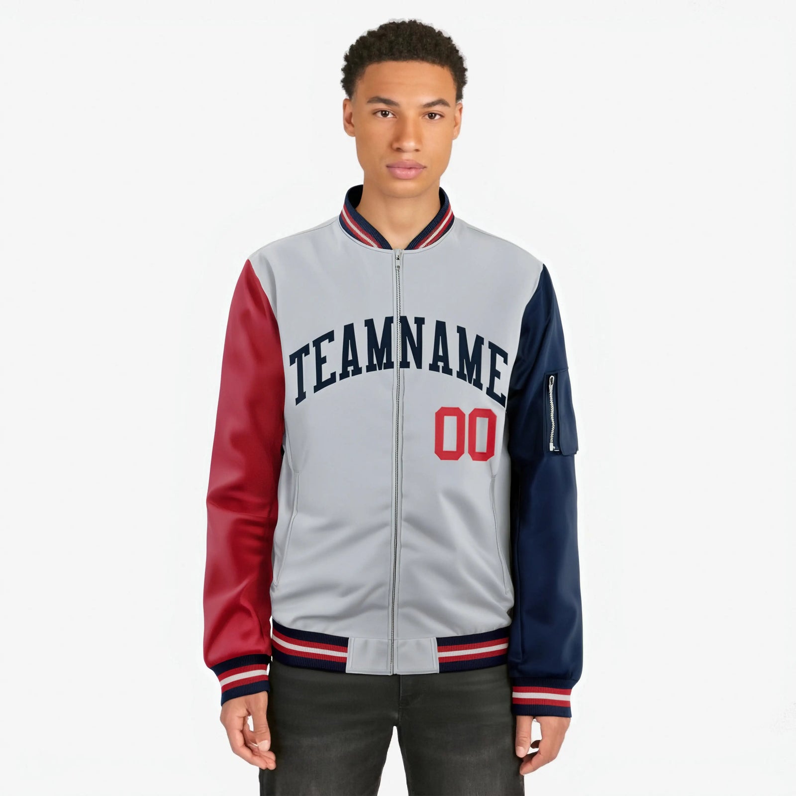 Custom Gray Navy-Red Varsity Full-Zip Raglan Sleeves Letterman Bomber Jacket