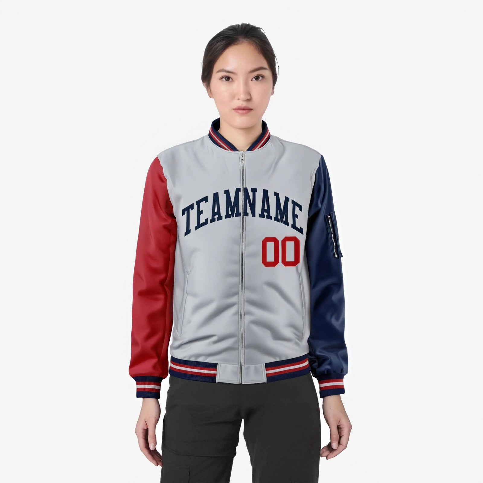 Custom Gray Navy-Red Varsity Full-Zip Raglan Sleeves Letterman Bomber Jacket