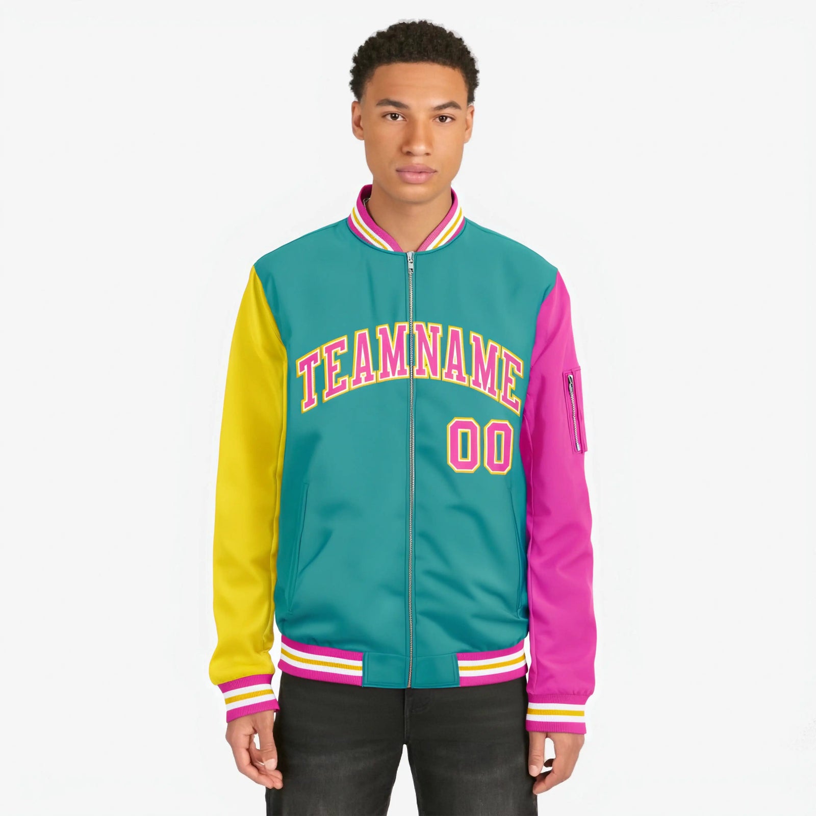 Custom Aqua Pink-Gold Varsity Full-Zip Raglan Sleeves Letterman Bomber Jacket