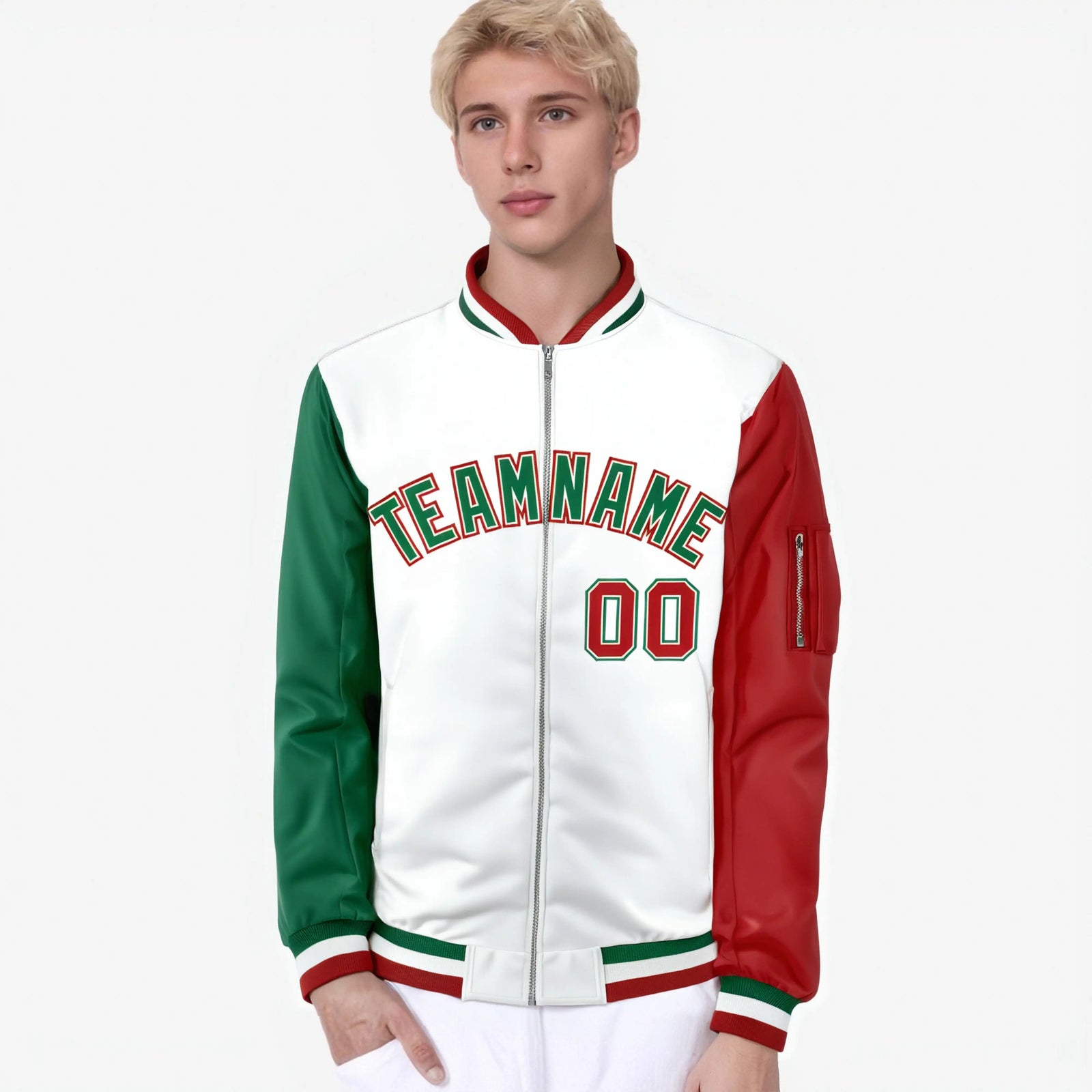Custom White Red-Green Varsity Full-Zip Raglan Sleeves Letterman Bomber Jacket