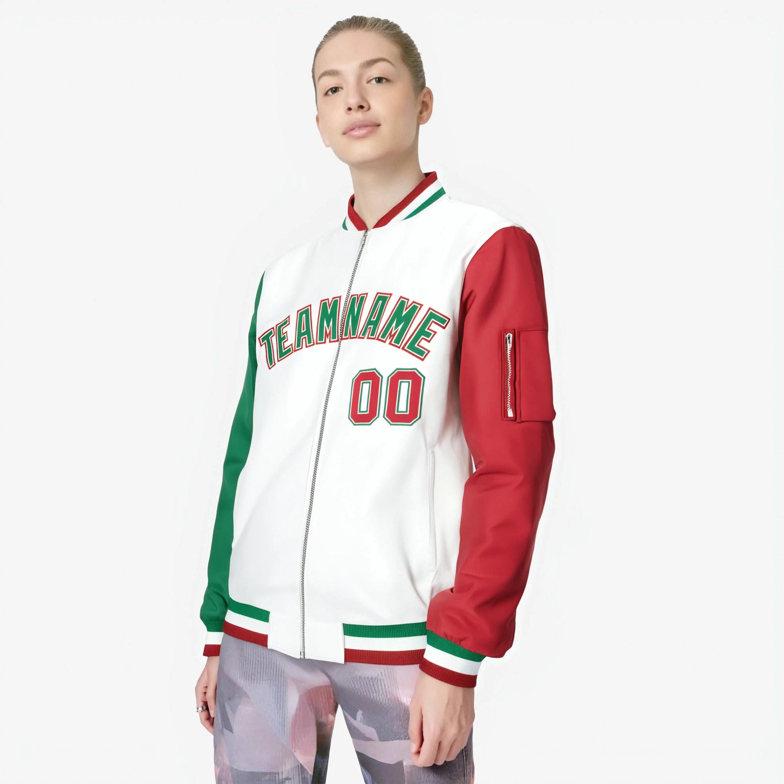 Custom White Red-Green Varsity Full-Zip Raglan Sleeves Letterman Bomber Jacket