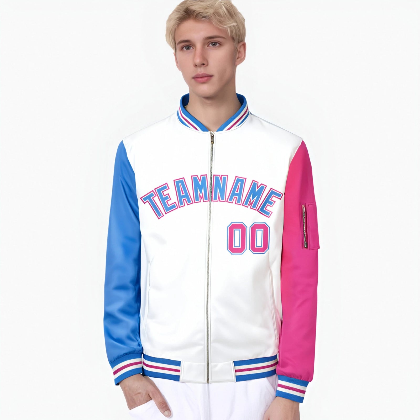Custom White Pink-Powder Blue Varsity Full-Zip Raglan Sleeves Letterman Bomber Jacket