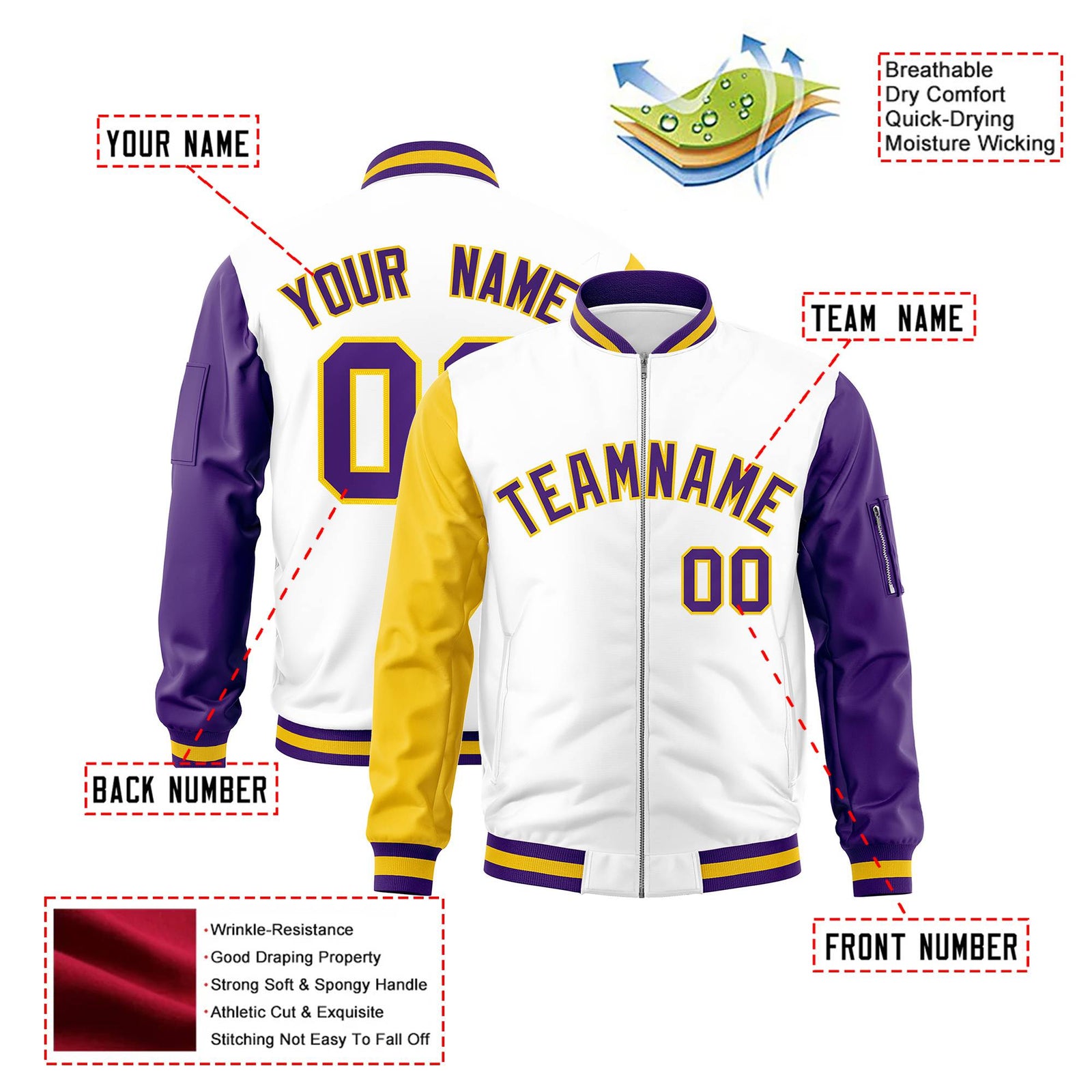 Custom White Gold-Purple Varsity Full-Zip Raglan Sleeves Letterman Bomber Jacket