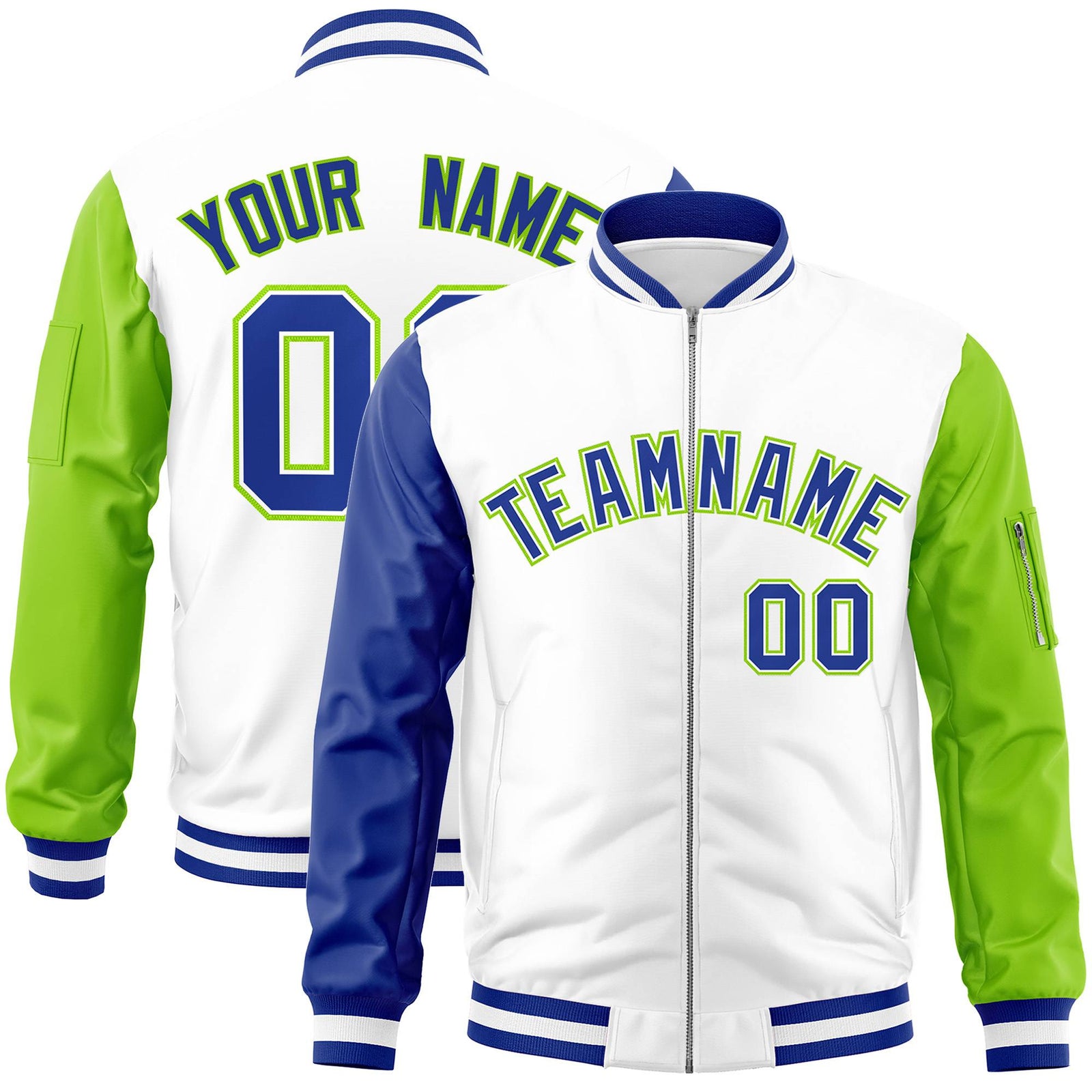 Custom White Neon Green-Royal Blue Varsity Full-Zip Raglan Sleeves Letterman Bomber Jacket