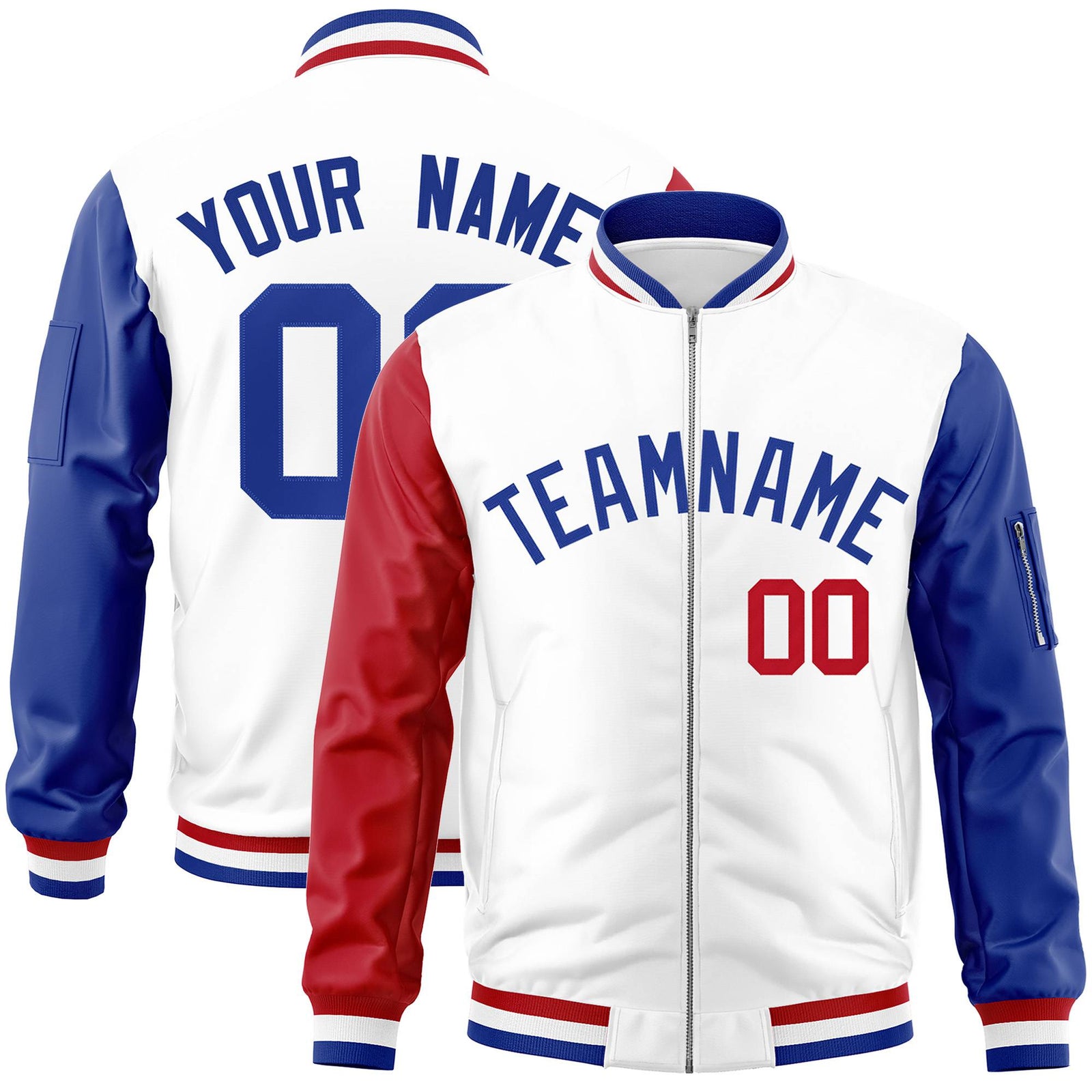 Custom White Royal Blue-Red Varsity Full-Zip Raglan Sleeves Letterman Bomber Jacket