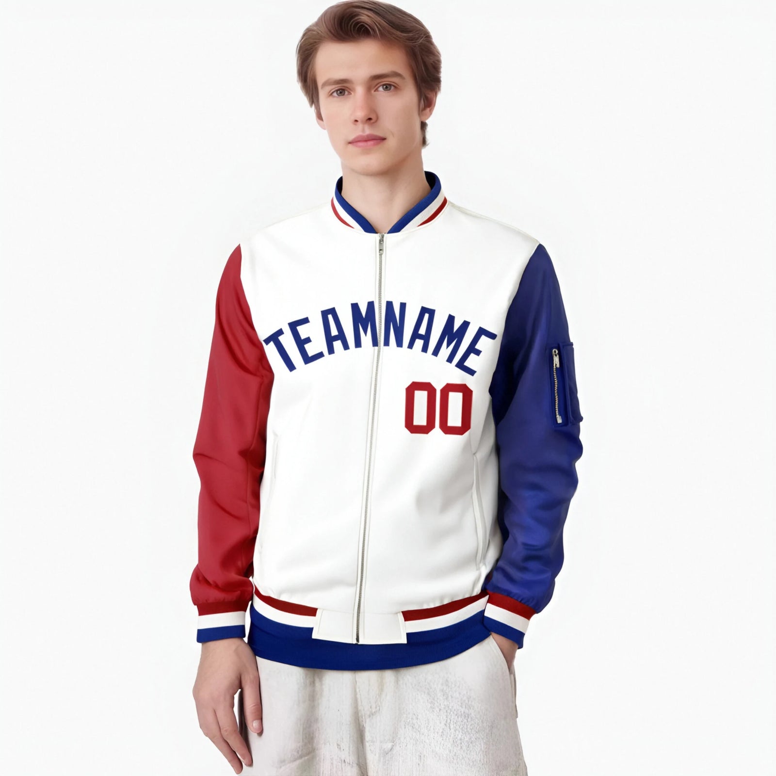 Custom White Royal Blue-Red Varsity Full-Zip Raglan Sleeves Letterman Bomber Jacket