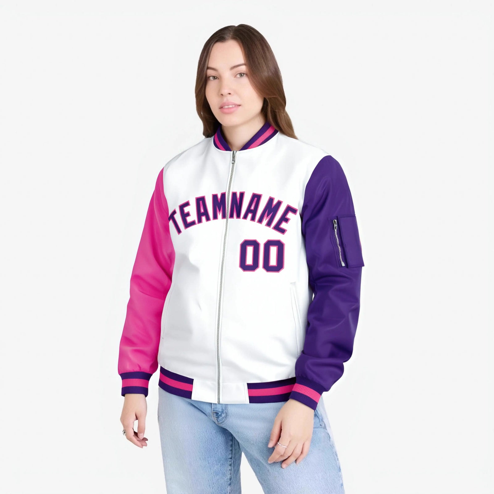 Custom White Purple-Pink Varsity Full-Zip Raglan Sleeves Letterman Bomber Jacket