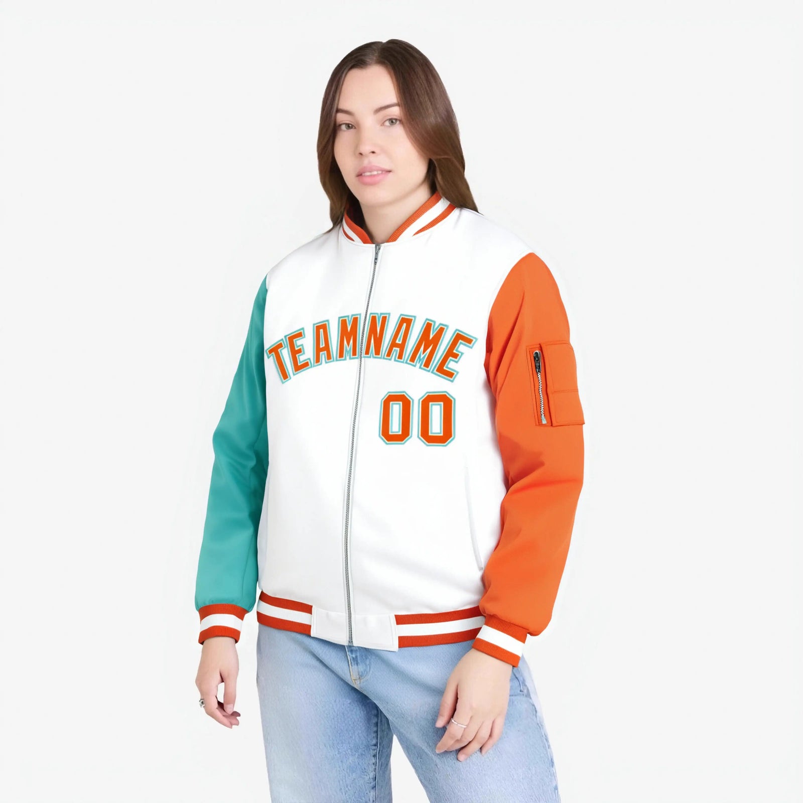 Custom White Orange-Aqua Varsity Full-Zip Raglan Sleeves Letterman Bomber Jacket