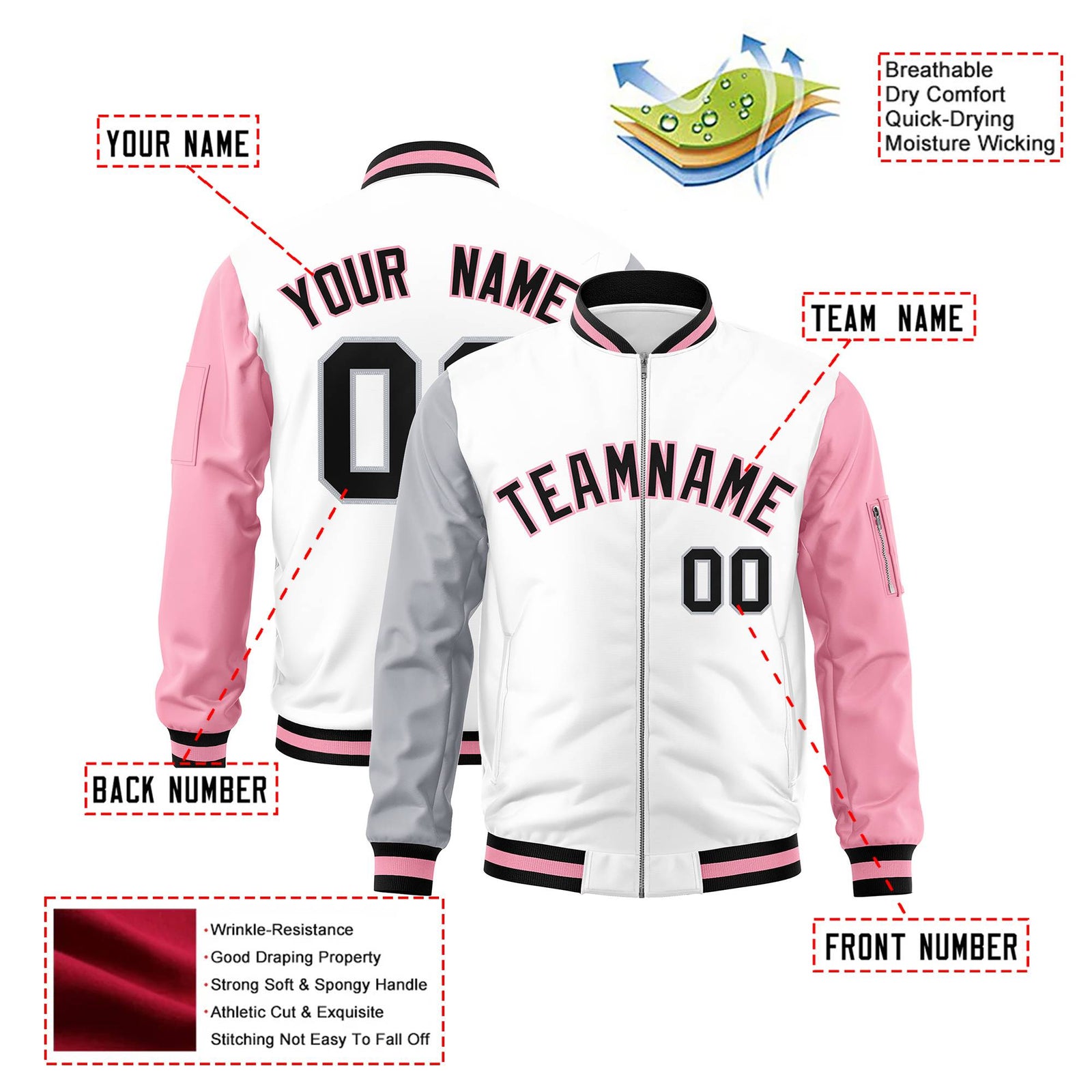 Custom White Light Pink-Gray Varsity Full-Zip Raglan Sleeves Letterman Bomber Jacket