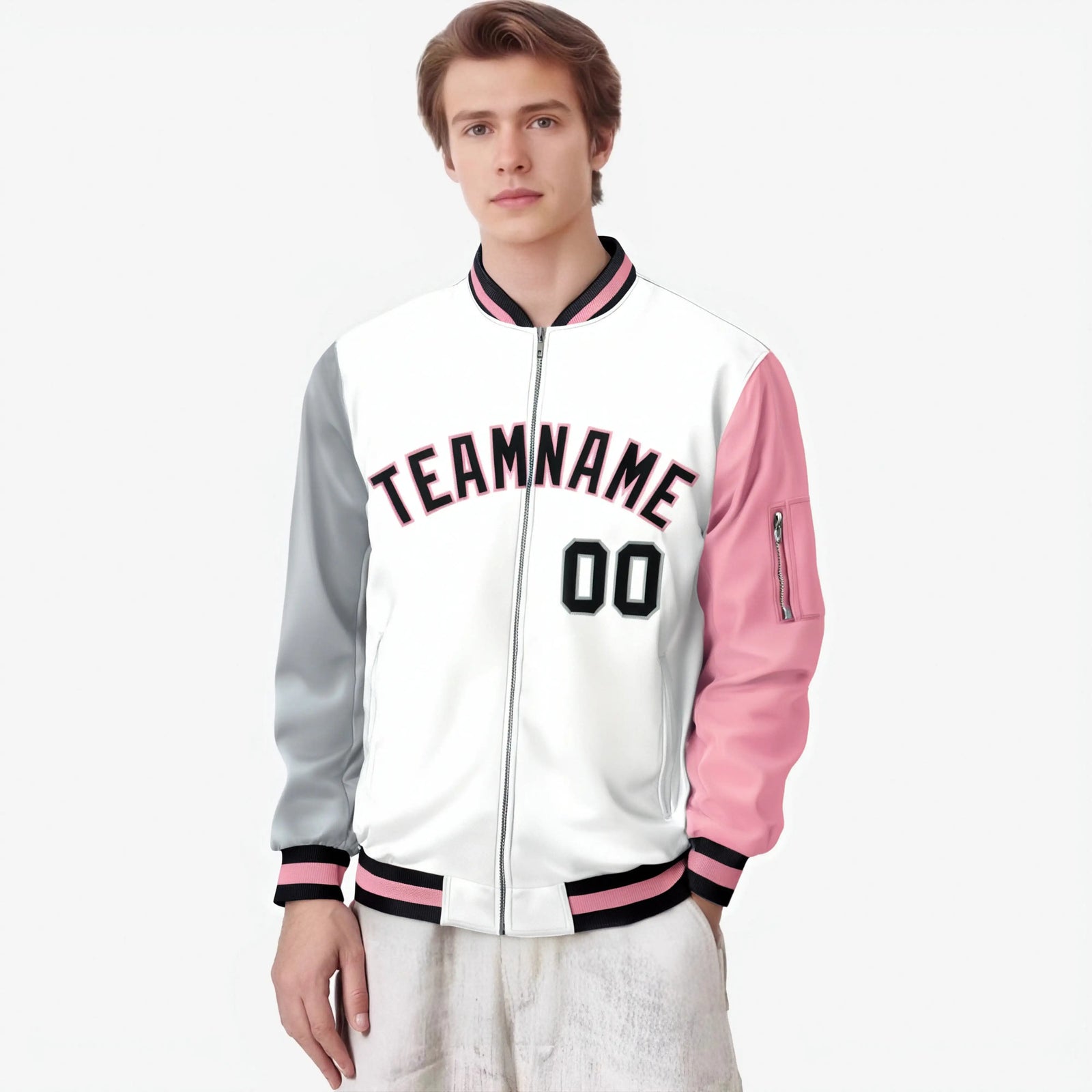 Custom White Light Pink-Gray Varsity Full-Zip Raglan Sleeves Letterman Bomber Jacket