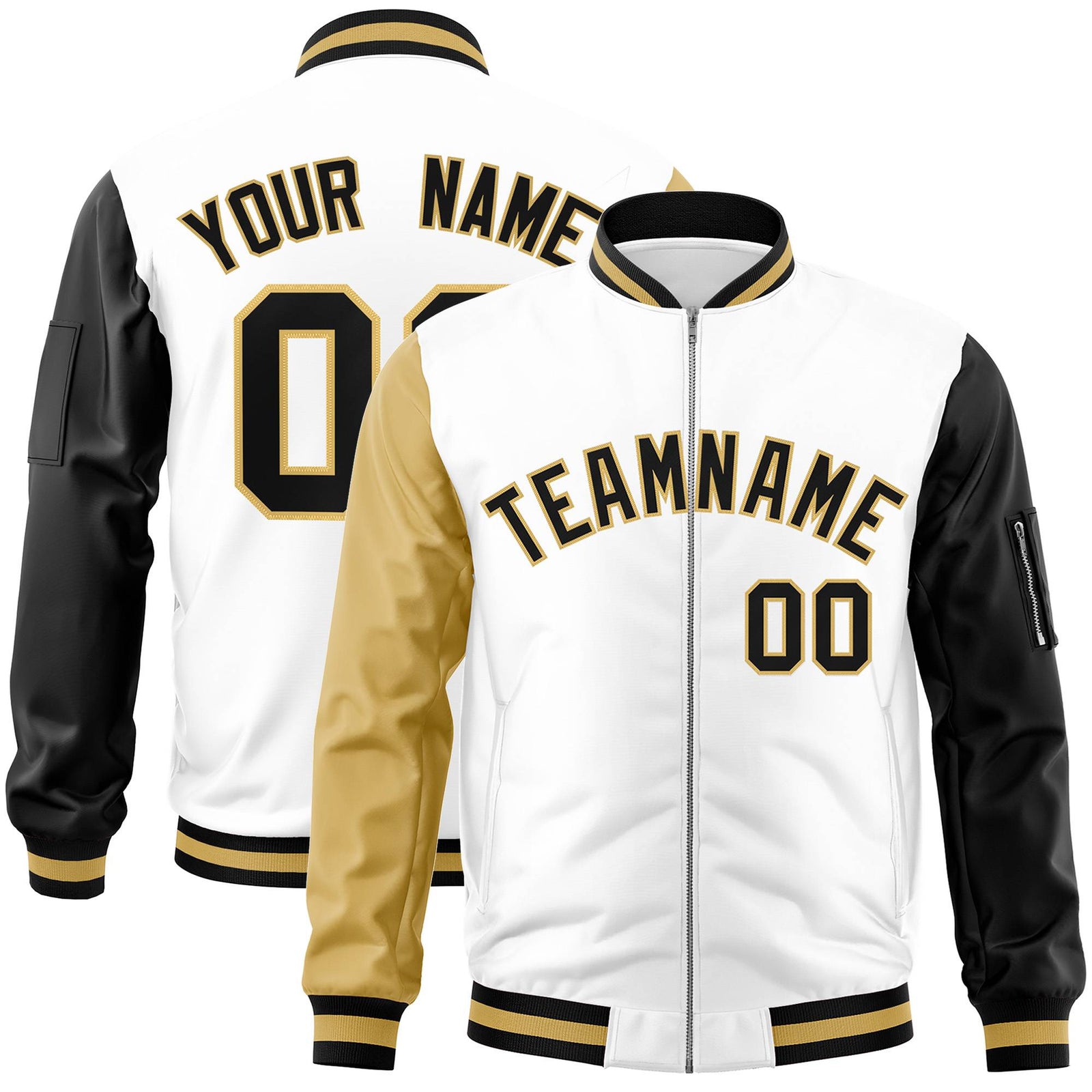 Custom White Black-Khaki Varsity Full-Zip Raglan Sleeves Letterman Bomber Jacket