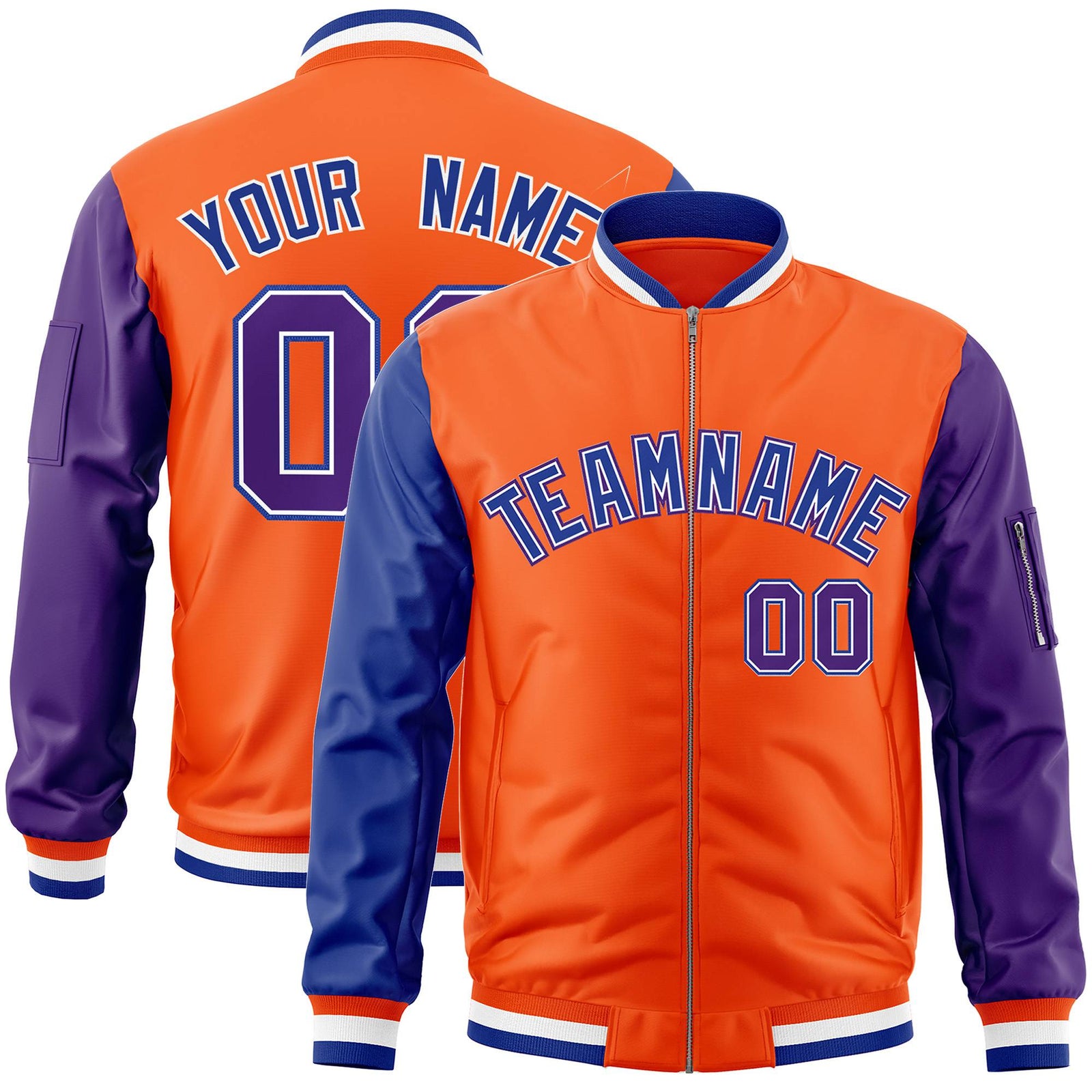 Custom Orange Purple-Royal Blue Varsity Full-Zip Raglan Sleeves Letterman Bomber Jacket