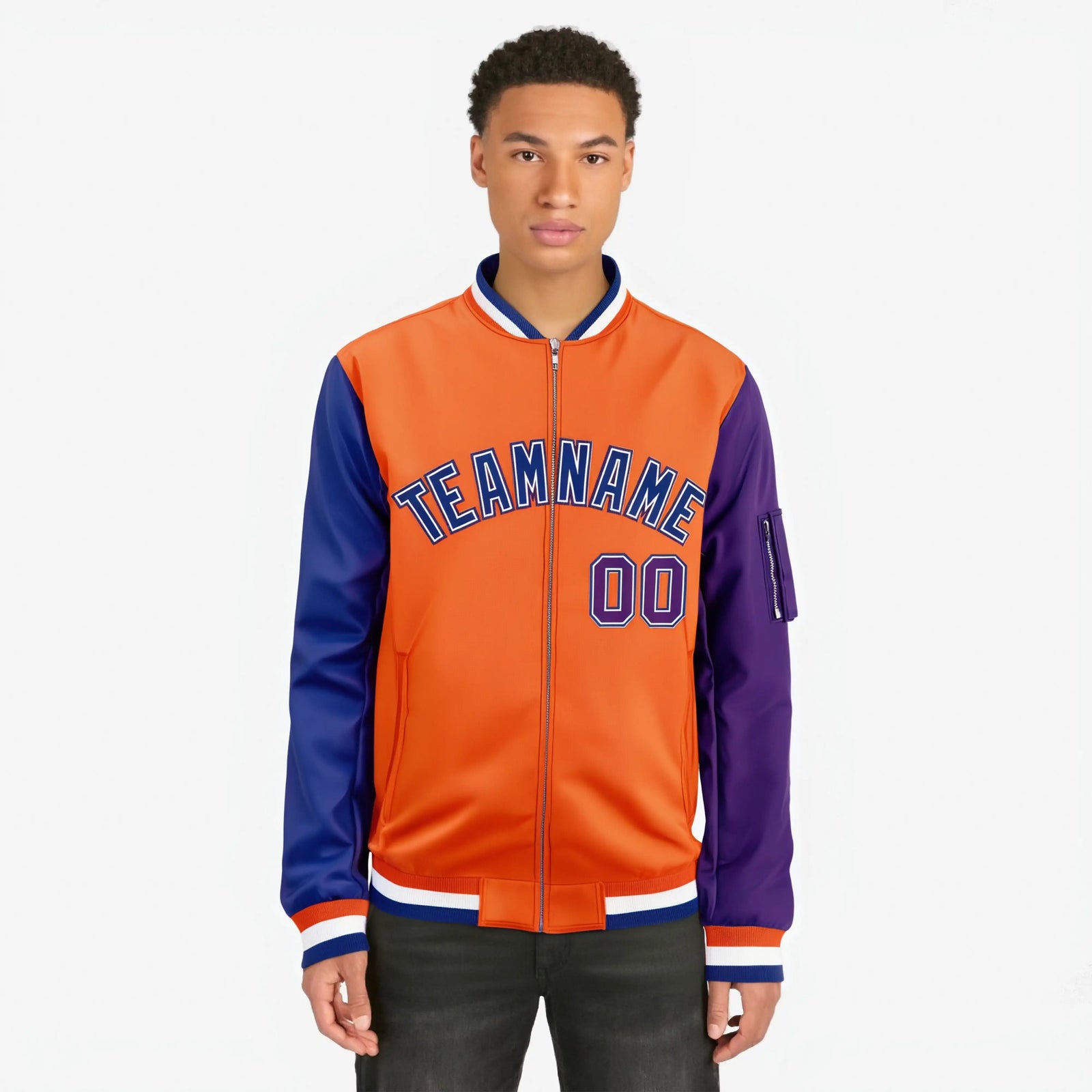 Custom Orange Purple-Royal Blue Varsity Full-Zip Raglan Sleeves Letterman Bomber Jacket