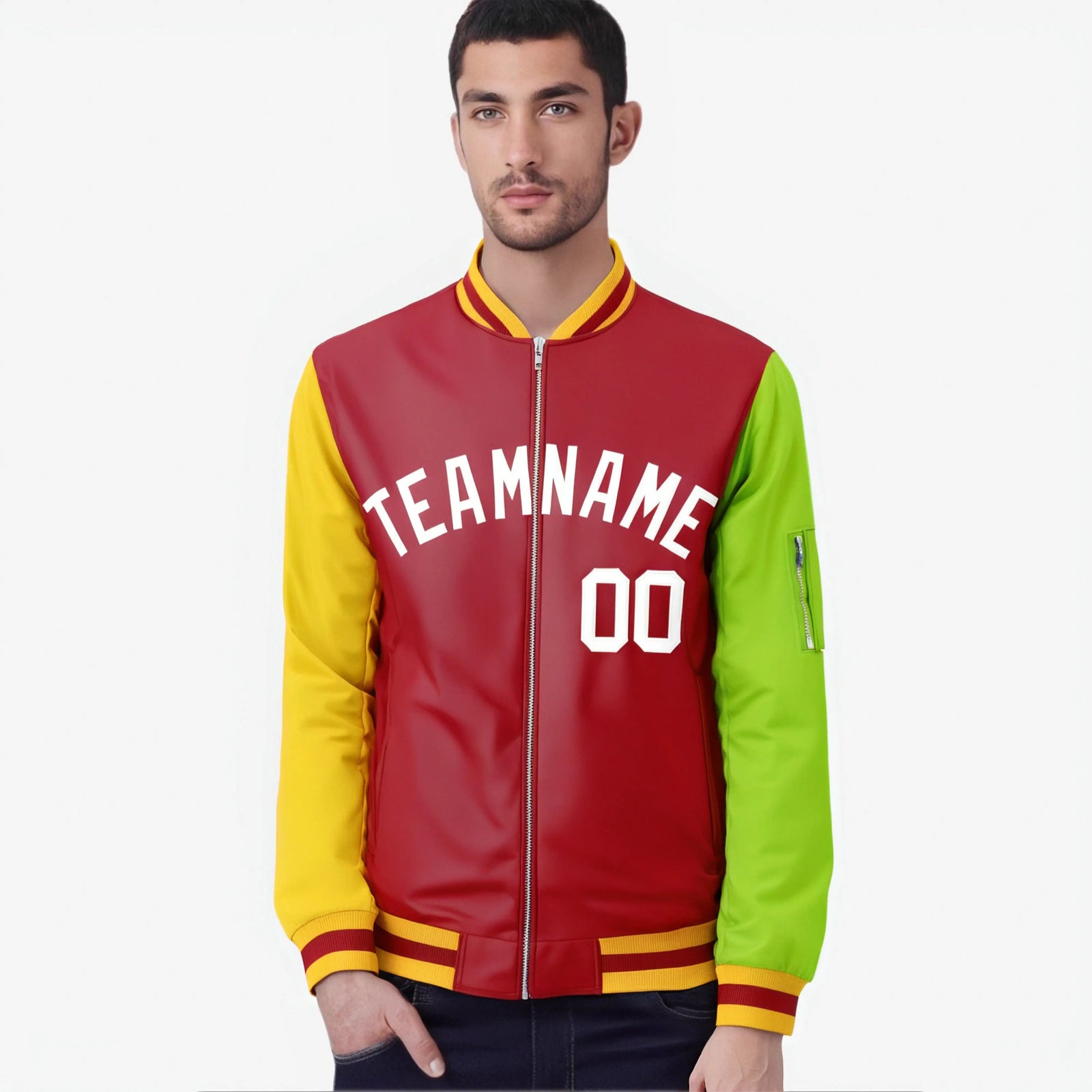 Custom Red Neon Green-Gold Varsity Full-Zip Raglan Sleeves Letterman Bomber Jacket
