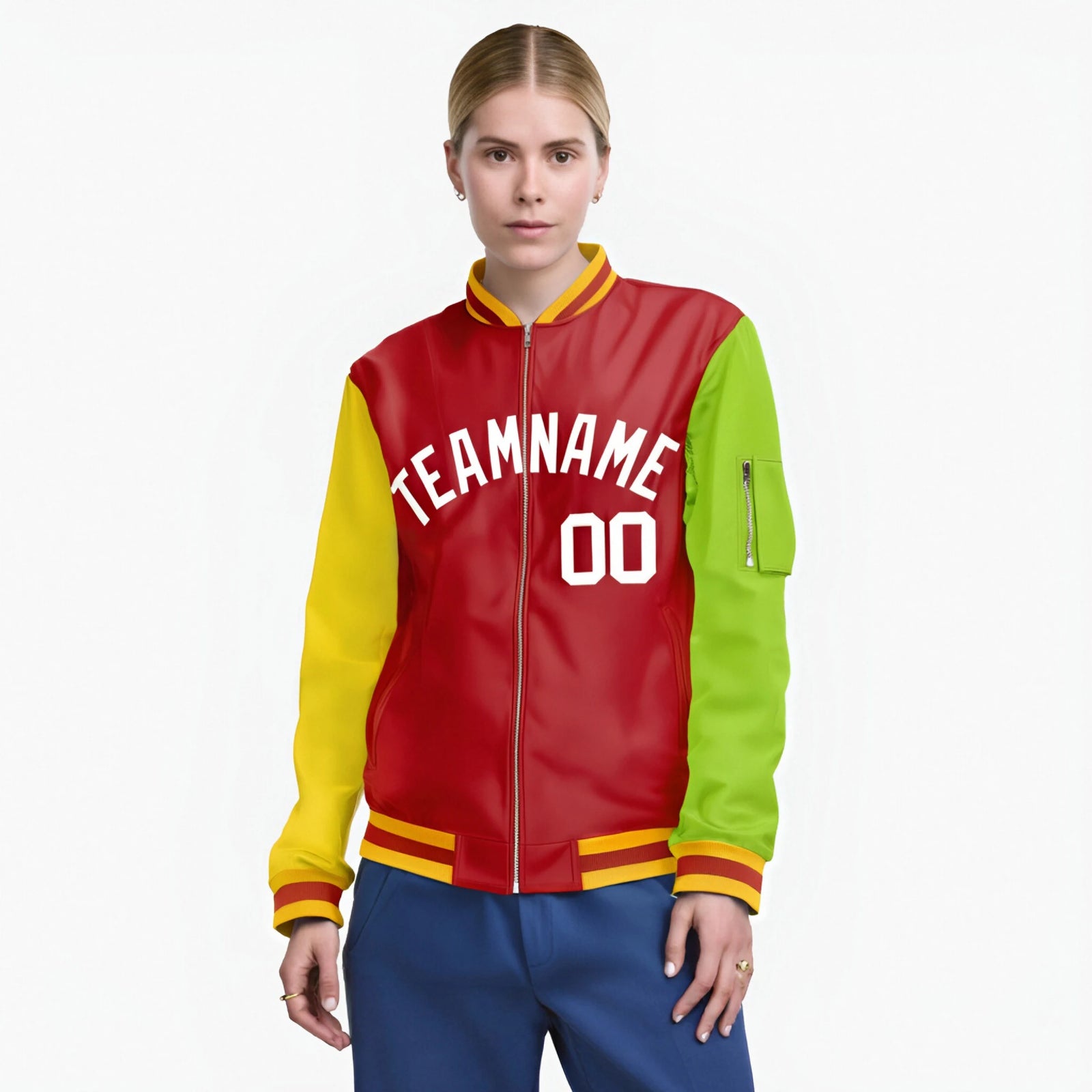 Custom Red Neon Green-Gold Varsity Full-Zip Raglan Sleeves Letterman Bomber Jacket