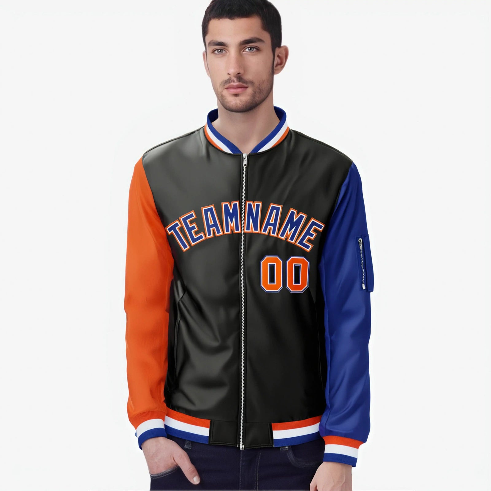 Custom Black Royal Blue-Orange Varsity Full-Zip Raglan Sleeves Letterman Bomber Jacket