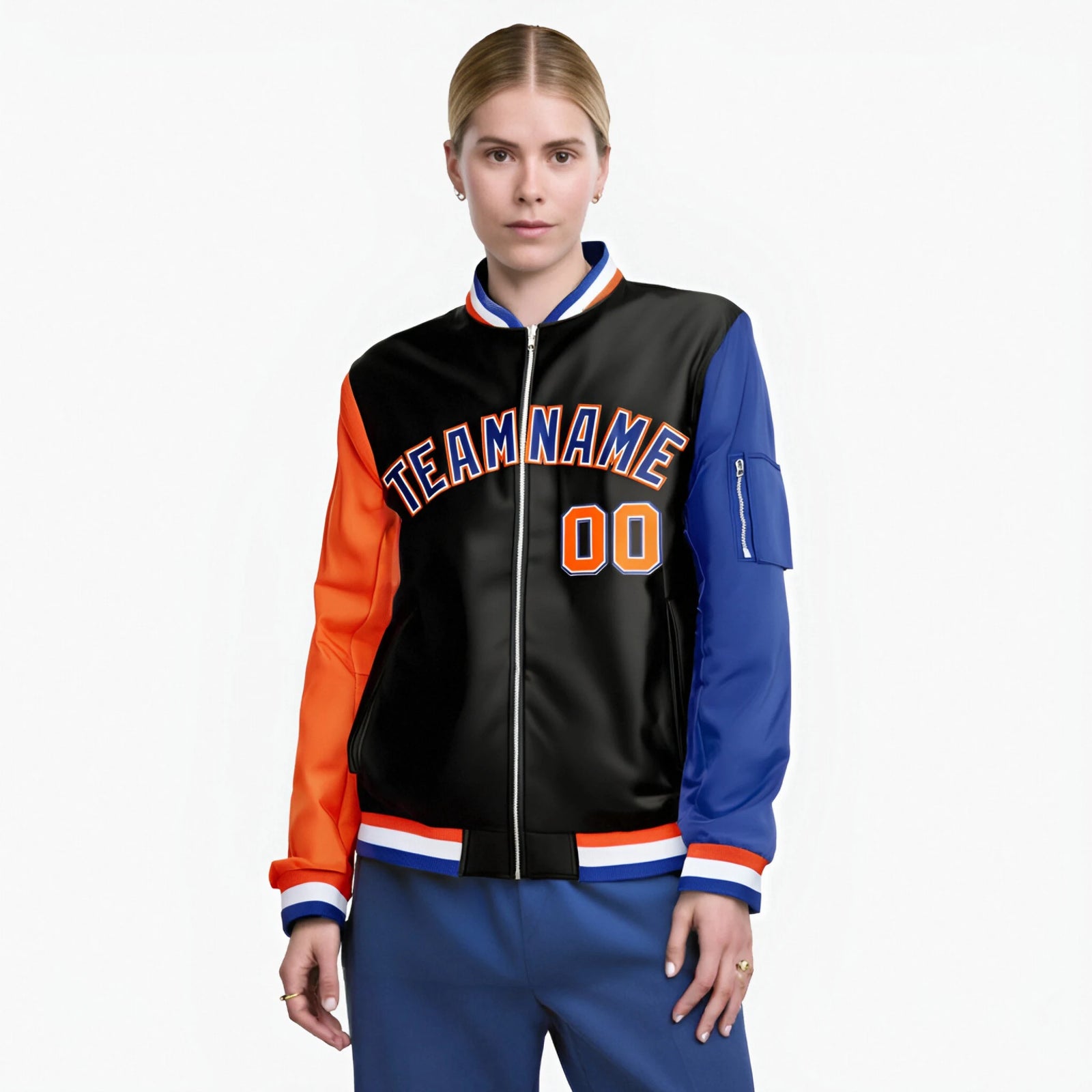 Custom Black Royal Blue-Orange Varsity Full-Zip Raglan Sleeves Letterman Bomber Jacket