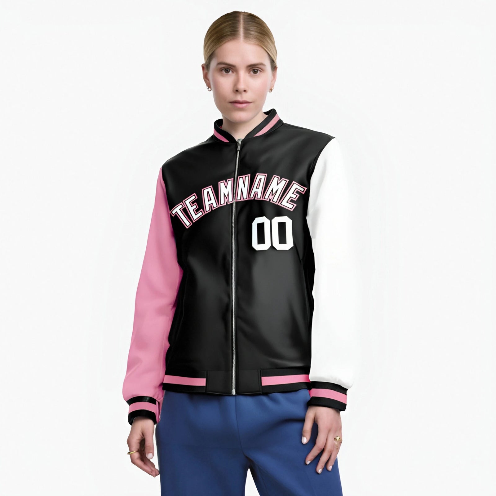 Custom Black White-Light Pink Varsity Full-Zip Raglan Sleeves Letterman Bomber Jacket