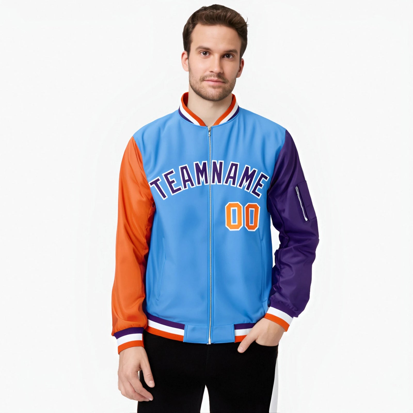 Custom Powder Blue Purple-Orange Varsity Full-Zip Raglan Sleeves Letterman Bomber Jacket