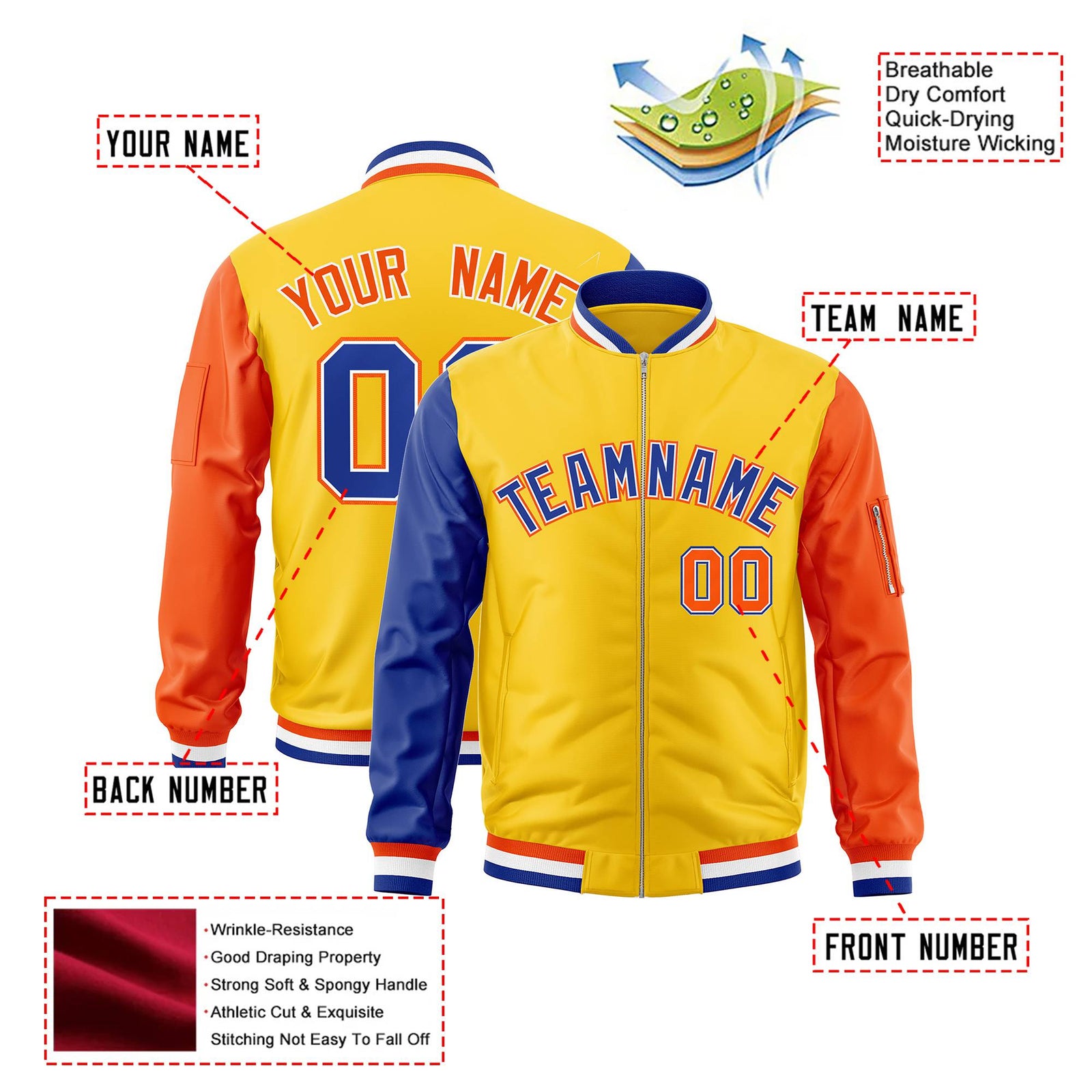 Custom Gold Orange-Royal Blue Varsity Full-Zip Raglan Sleeves Letterman Bomber Jacket