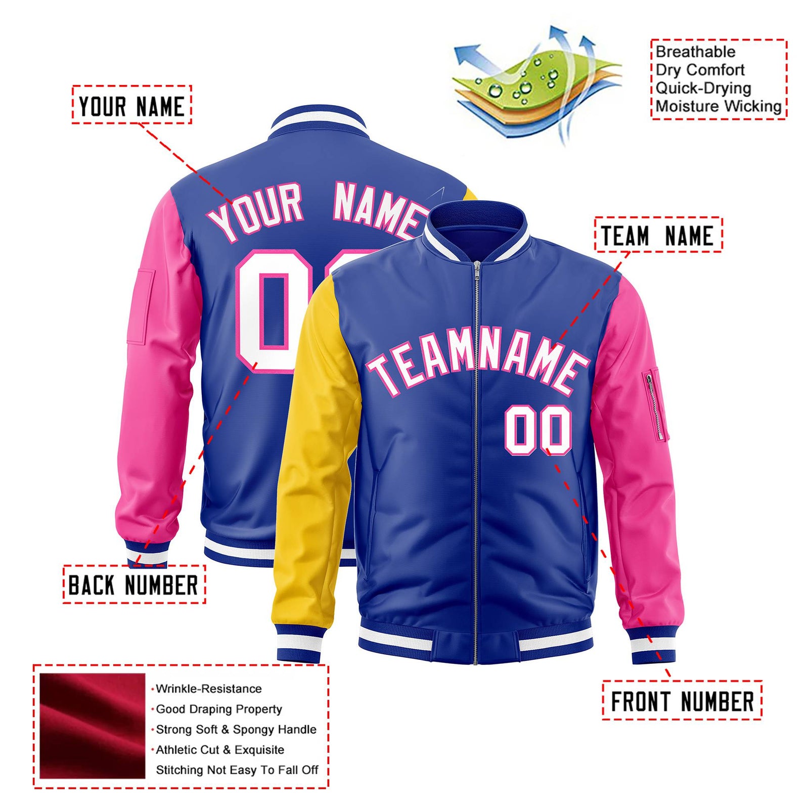 Custom Royal Blue Pink-Gold Varsity Full-Zip Raglan Sleeves Letterman Bomber Jacket