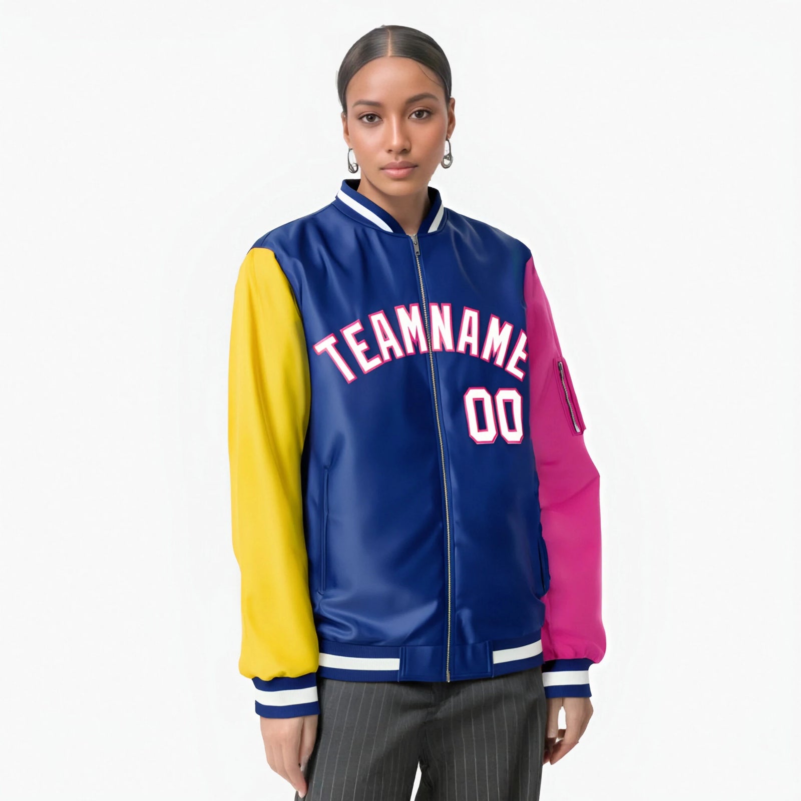 Custom Royal Blue Pink-Gold Varsity Full-Zip Raglan Sleeves Letterman Bomber Jacket