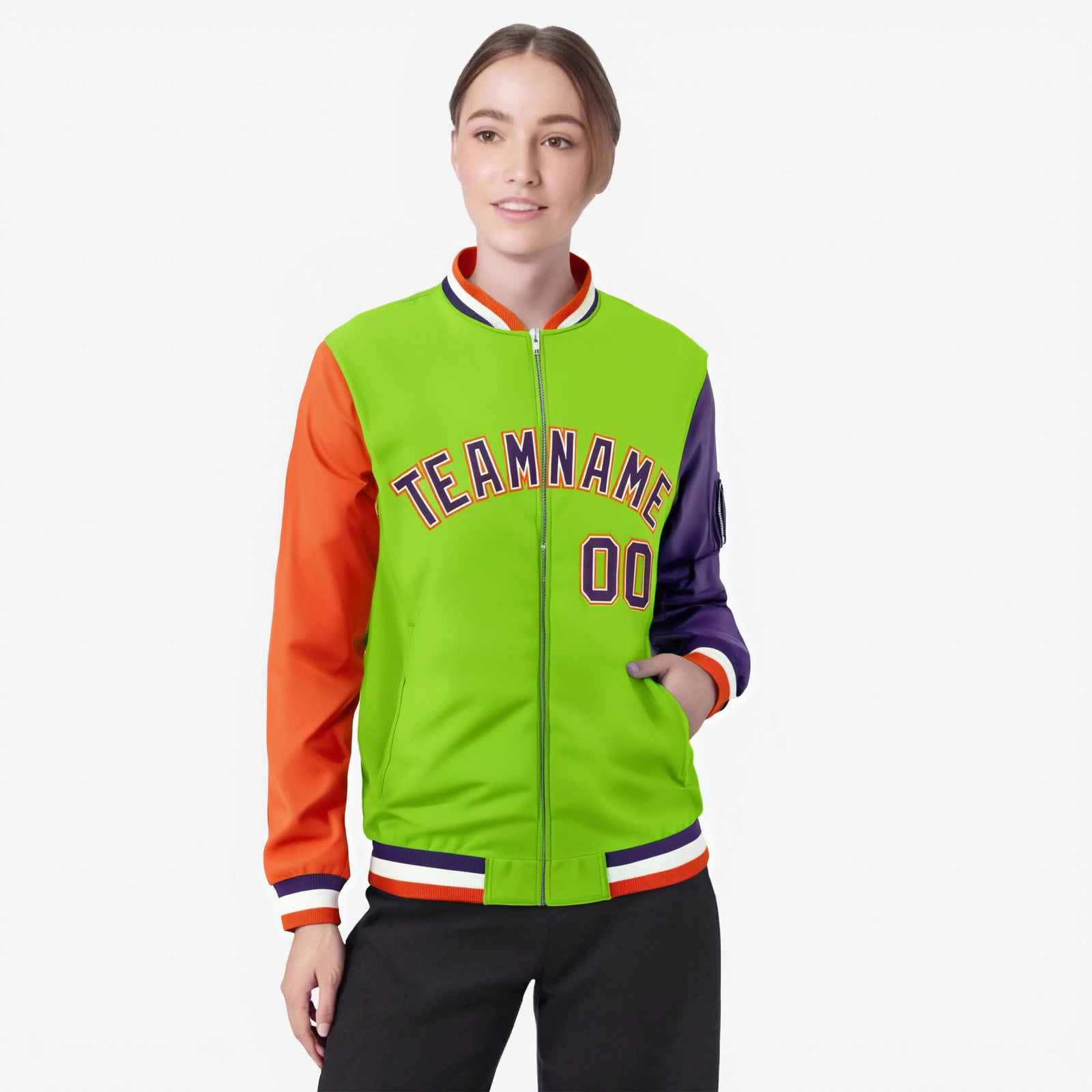 Custom Neon Green Purple-Orange Varsity Full-Zip Raglan Sleeves Letterman Bomber Jacket