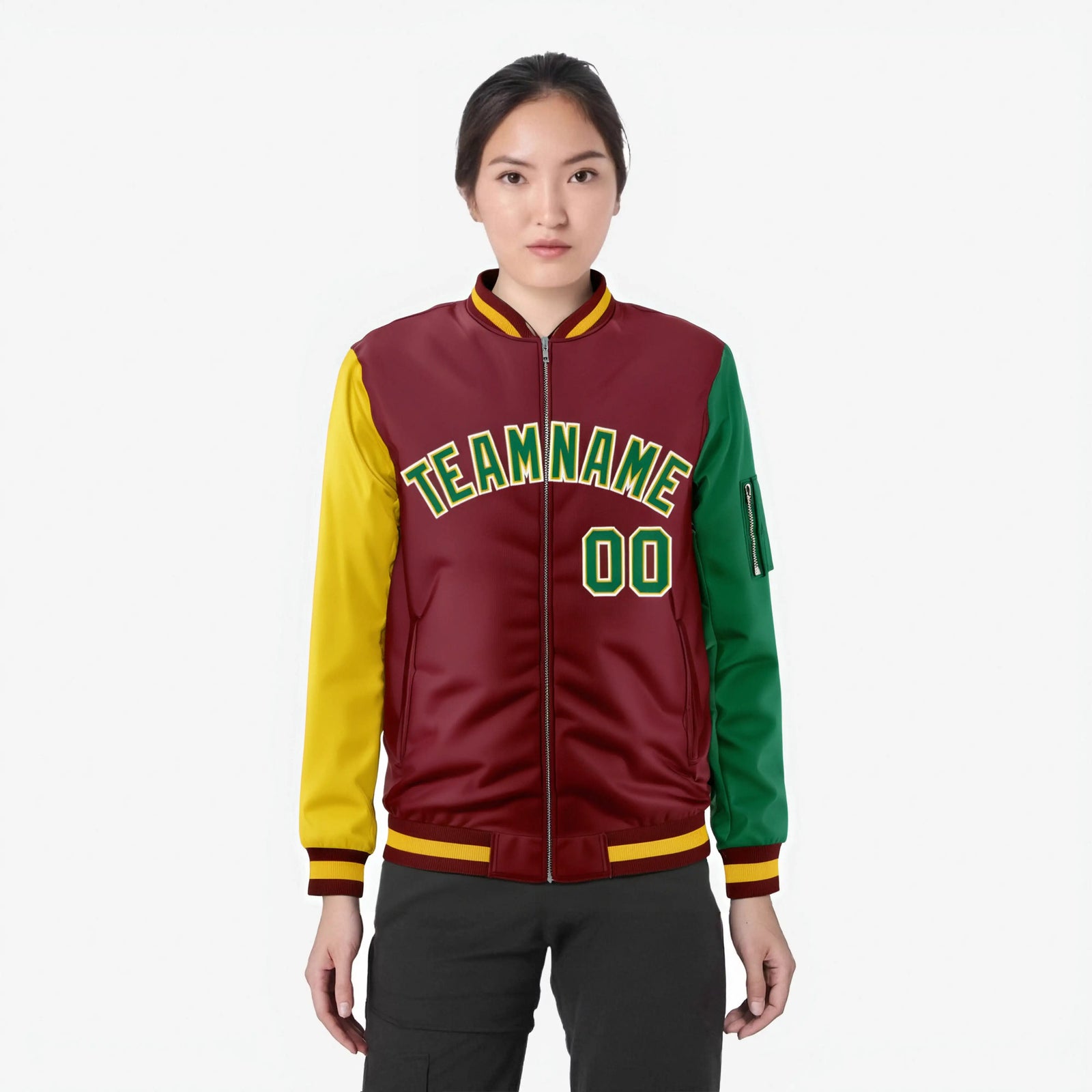 Custom Crimson Green-Gold Varsity Full-Zip Raglan Sleeves Letterman Bomber Jacket