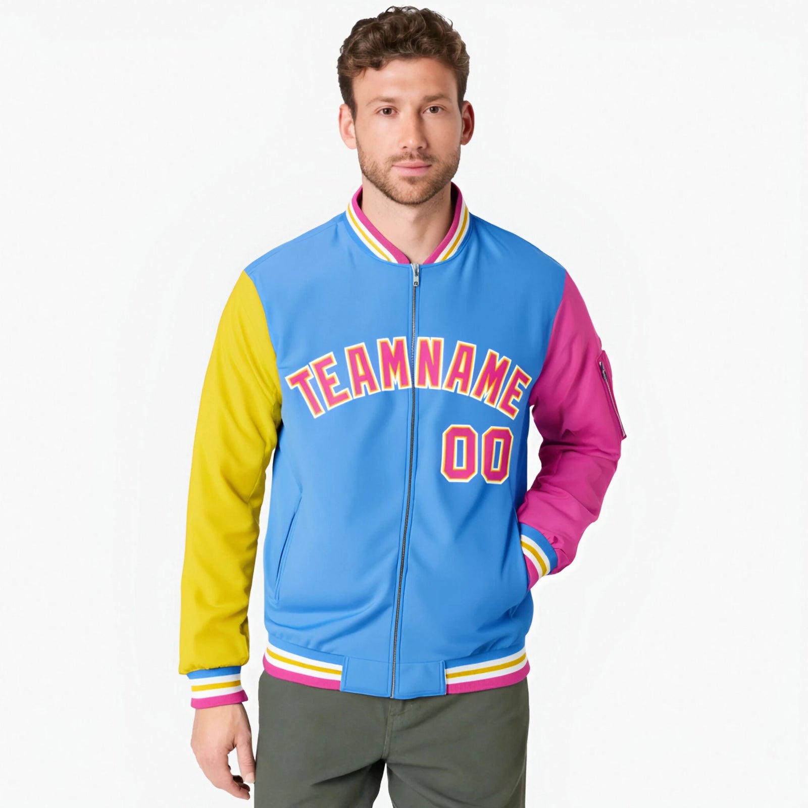 Custom Powder Blue Pink-Gold Varsity Full-Zip Raglan Sleeves Letterman Bomber Jacket