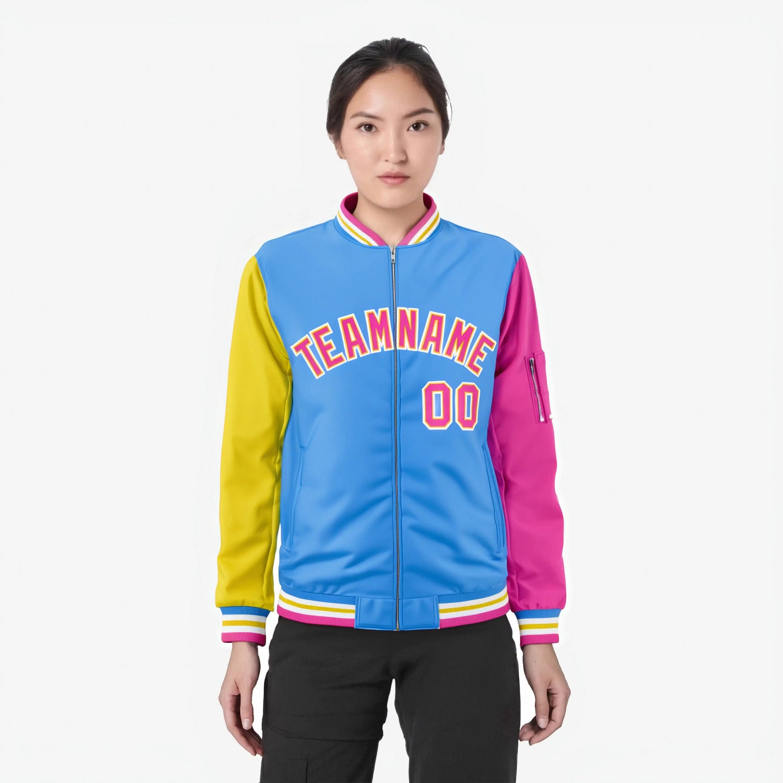 Custom Powder Blue Pink-Gold Varsity Full-Zip Raglan Sleeves Letterman Bomber Jacket