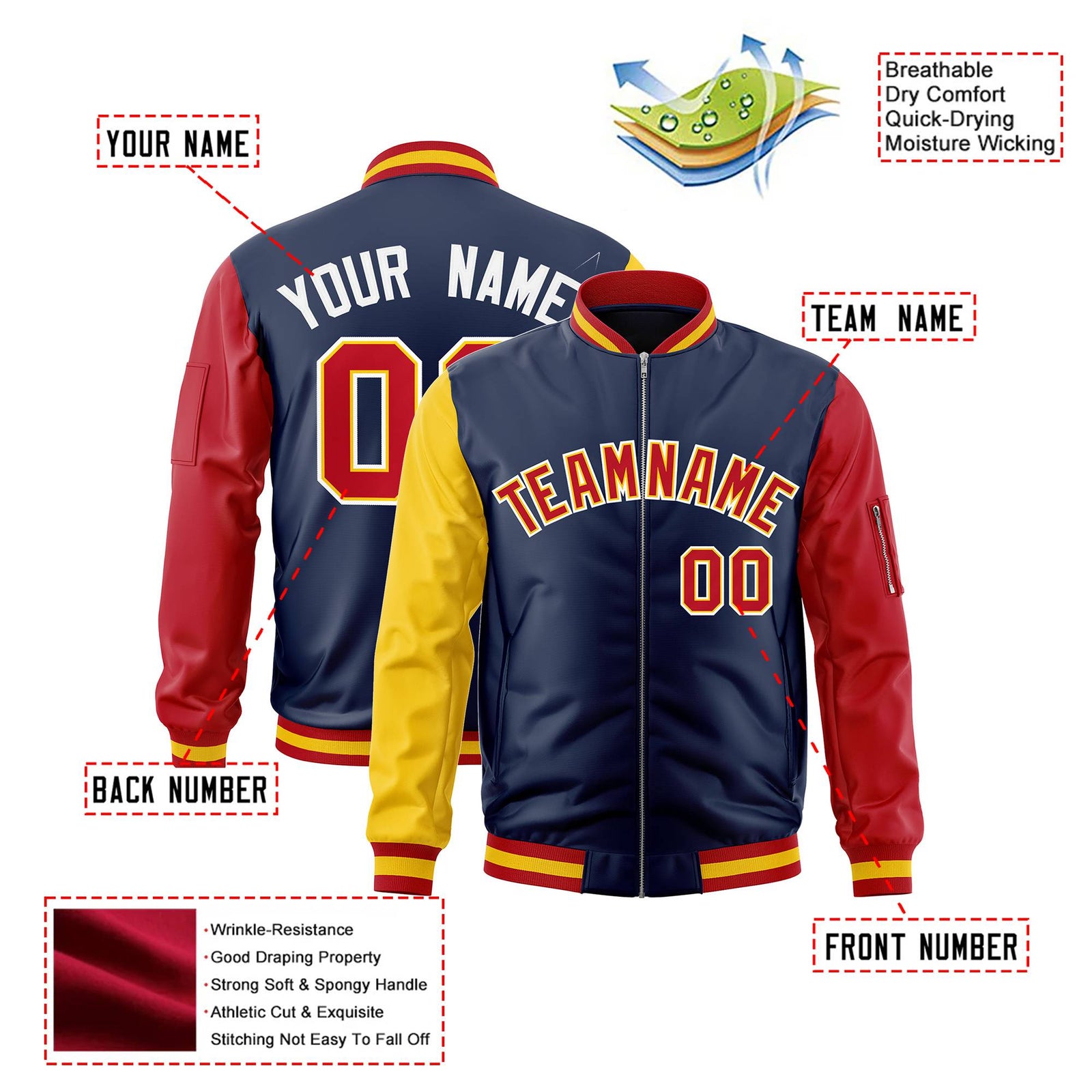 Custom Navy Blue Red-Gold Varsity Full-Zip Raglan Sleeves Letterman Bomber Jacket