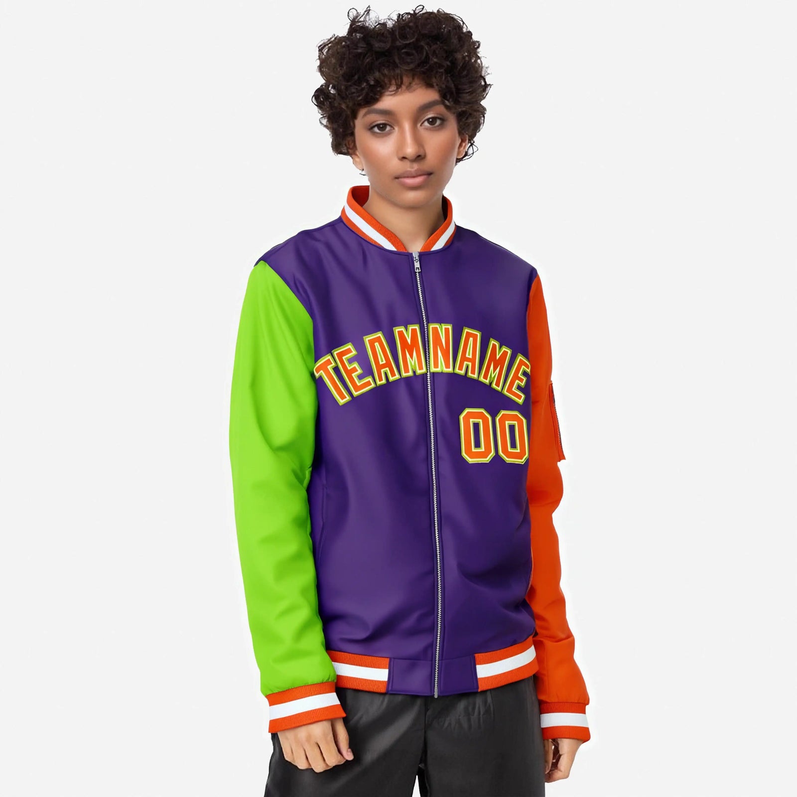Custom Purple Orange-Neon Green Varsity Full-Zip Raglan Sleeves Letterman Bomber Jacket