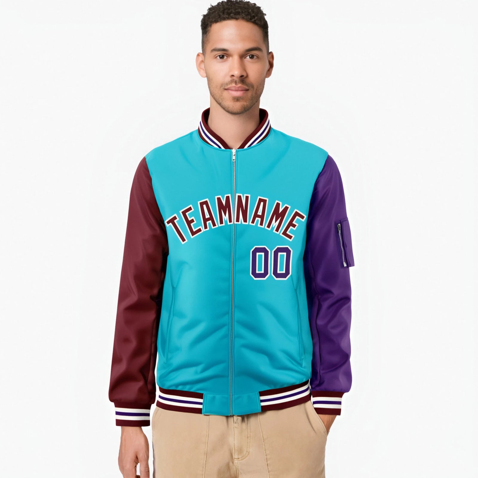Custom Aqua Purple-Crimson Varsity Full-Zip Raglan Sleeves Letterman Bomber Jacket