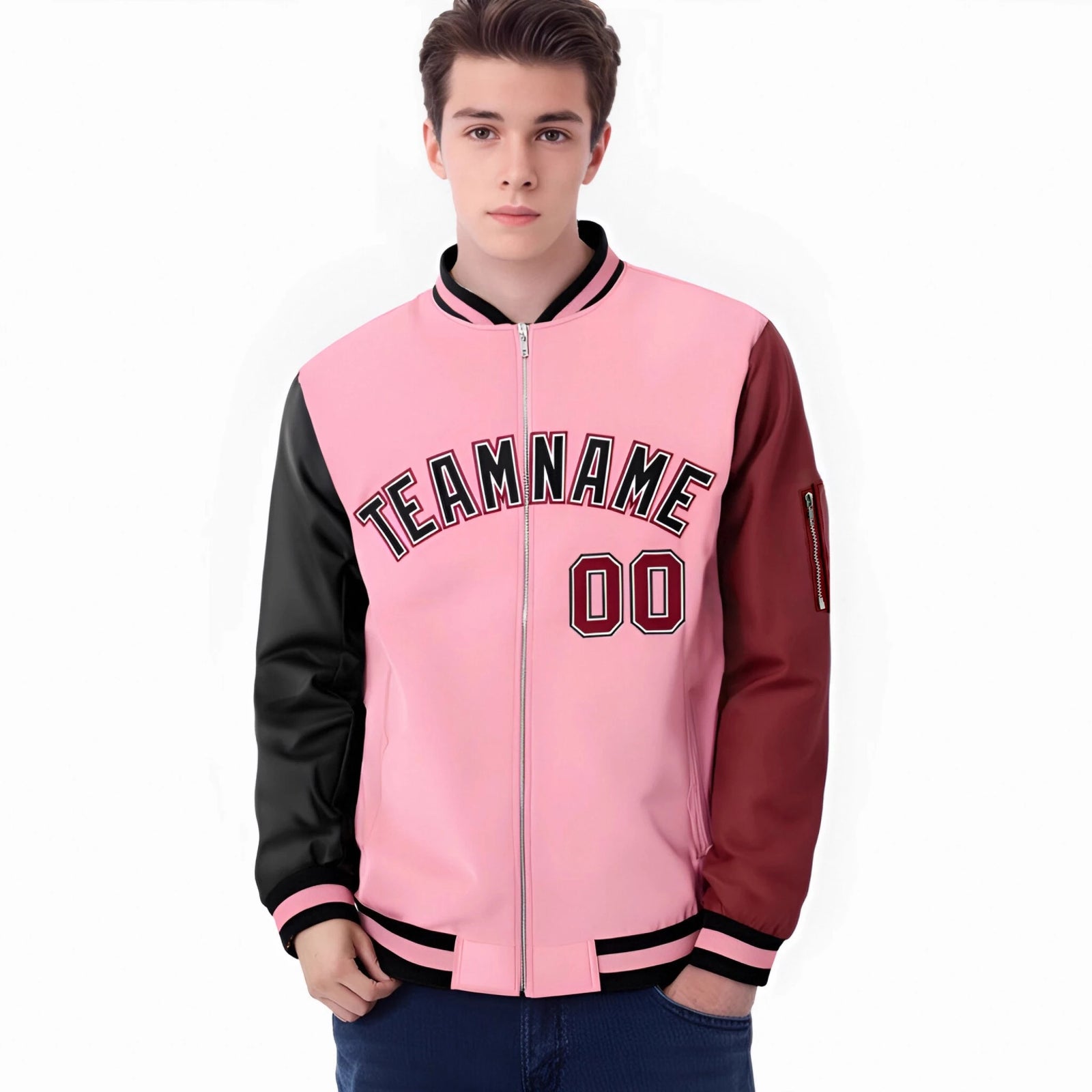 Custom Light Pink Crimson-Black Varsity Full-Zip Raglan Sleeves Letterman Bomber Jacket