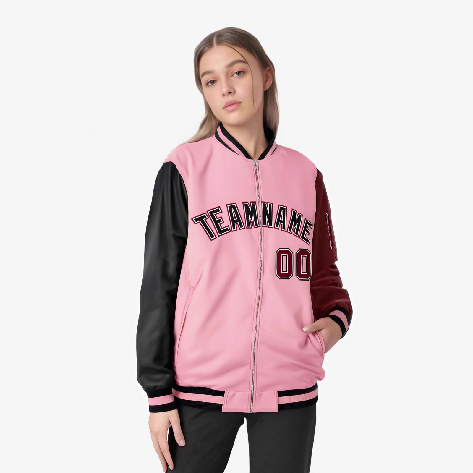 Custom Light Pink Crimson-Black Varsity Full-Zip Raglan Sleeves Letterman Bomber Jacket