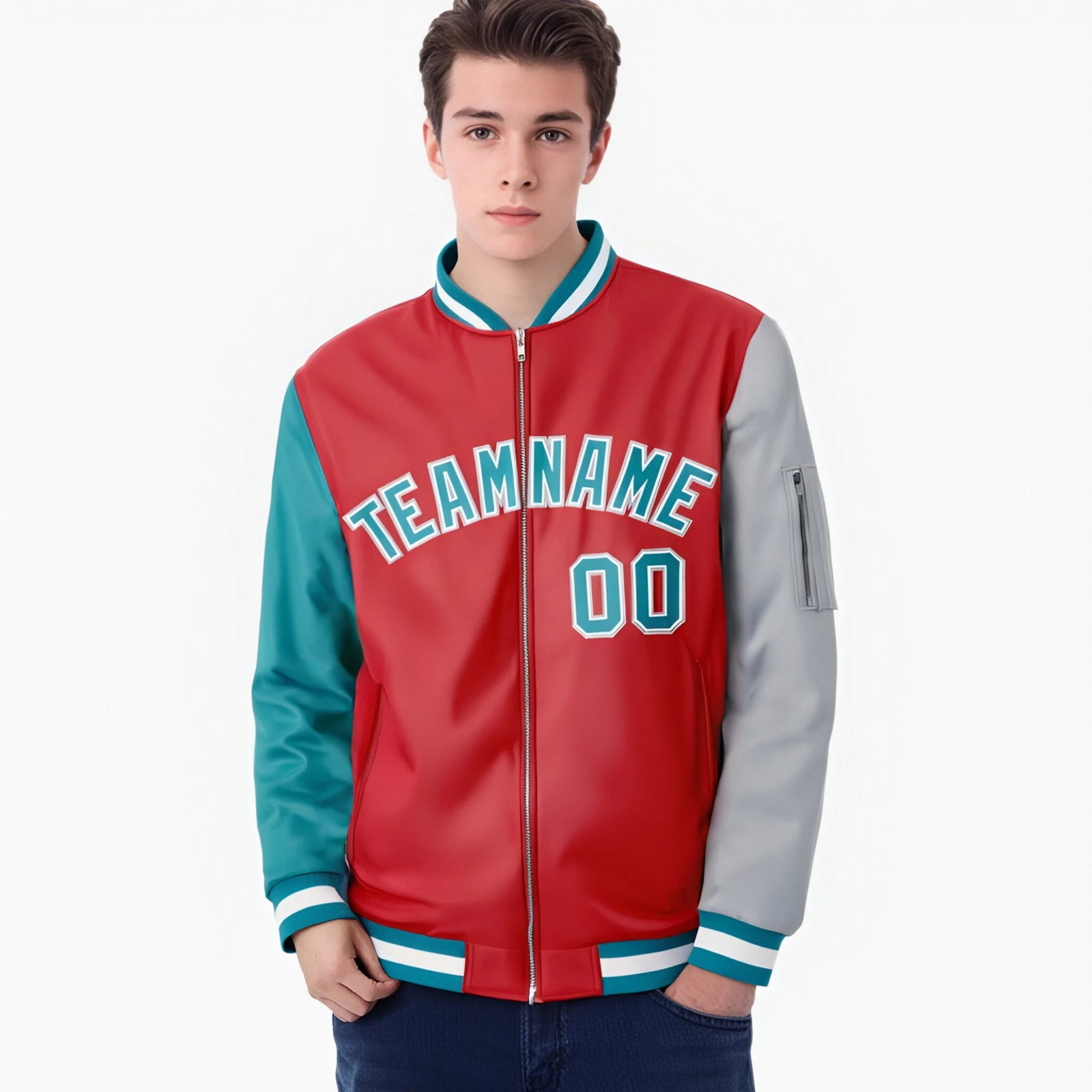 Custom Red Gray-Aqua Varsity Full-Zip Raglan Sleeves Letterman Bomber Jacket