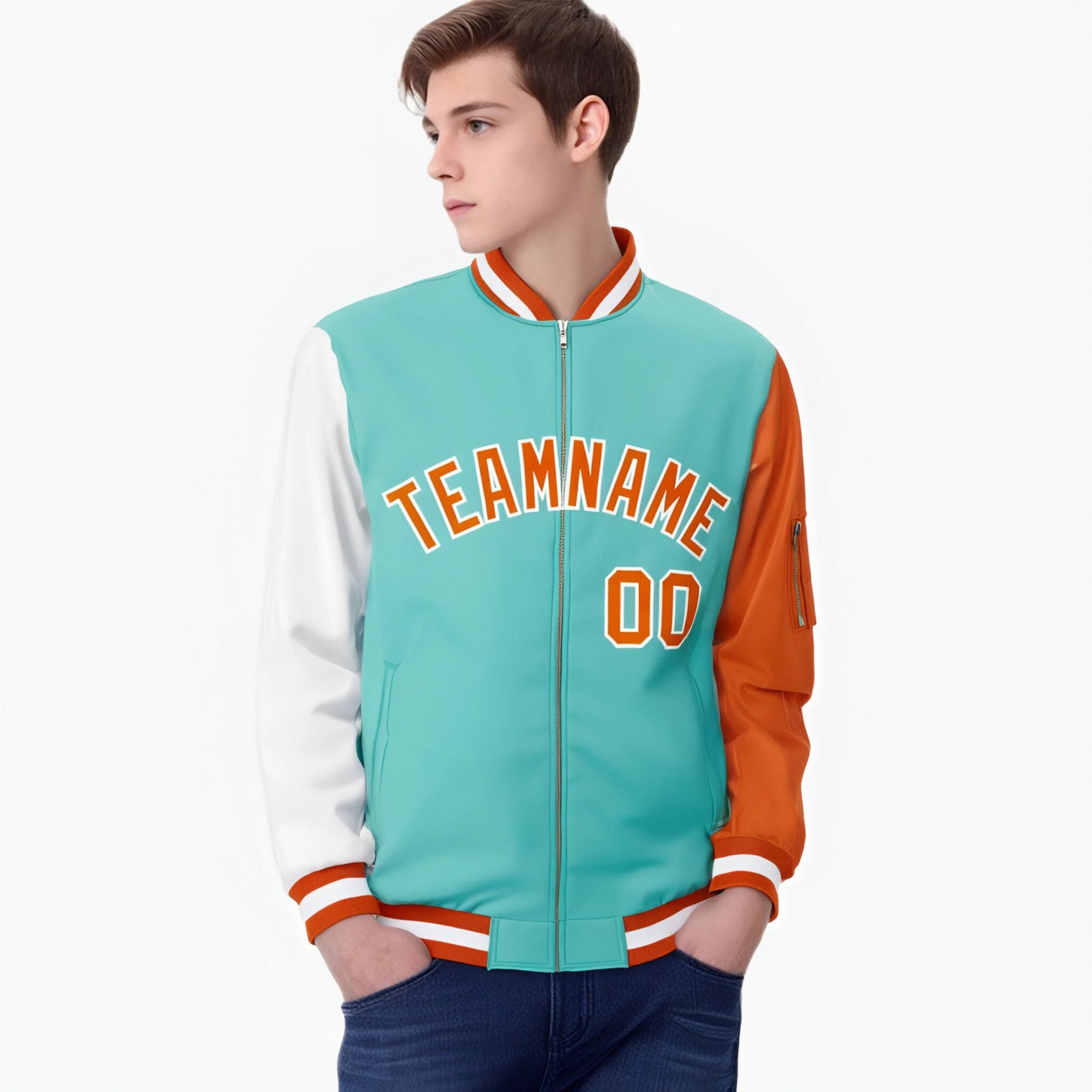 Custom Aqua Orange-White Varsity Full-Zip Raglan Sleeves Letterman Bomber Jacket
