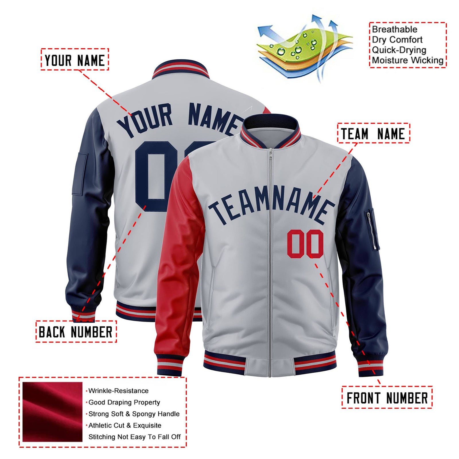 Custom Gray Navy-Red Varsity Full-Zip Raglan Sleeves Letterman Bomber Jacket