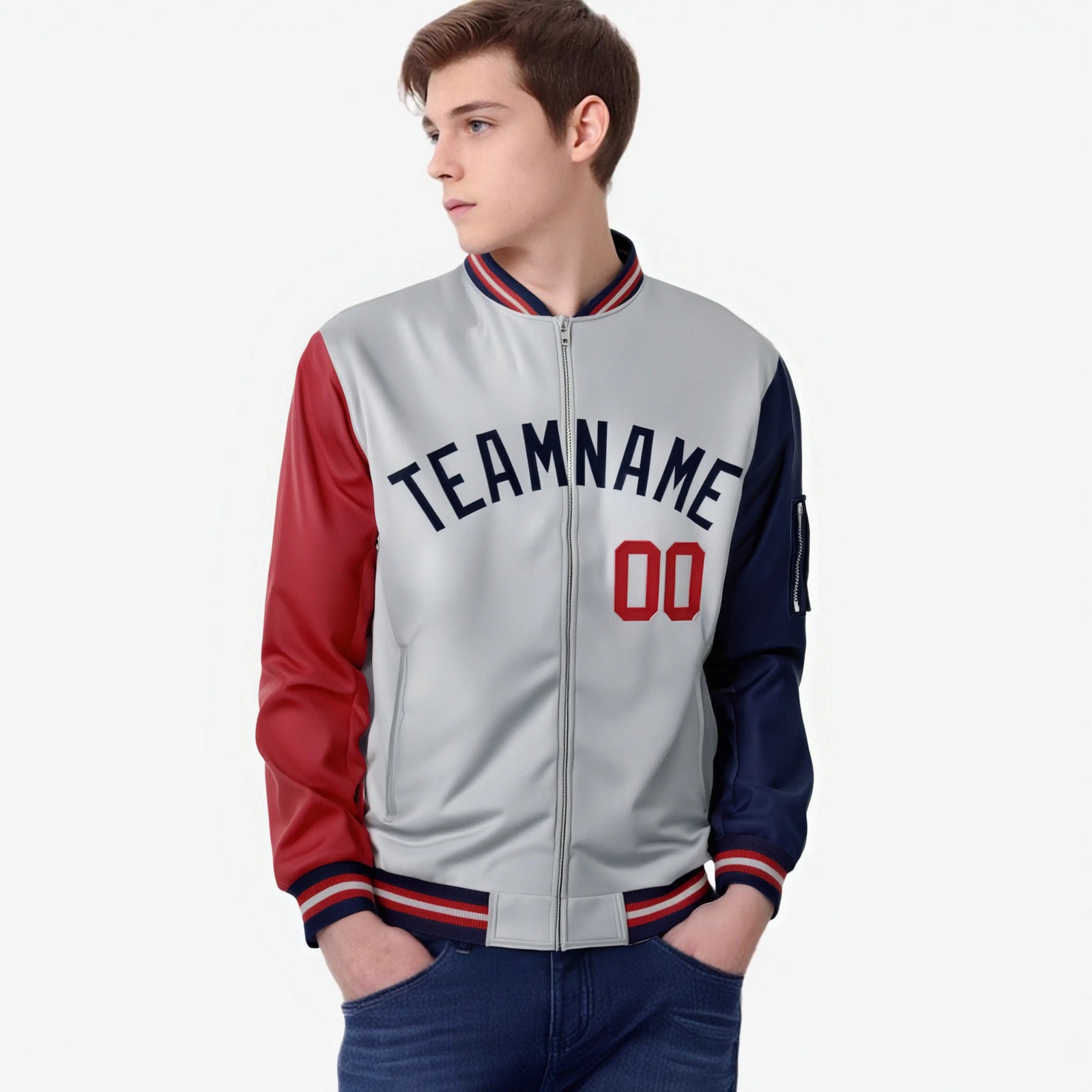 Custom Gray Navy-Red Varsity Full-Zip Raglan Sleeves Letterman Bomber Jacket