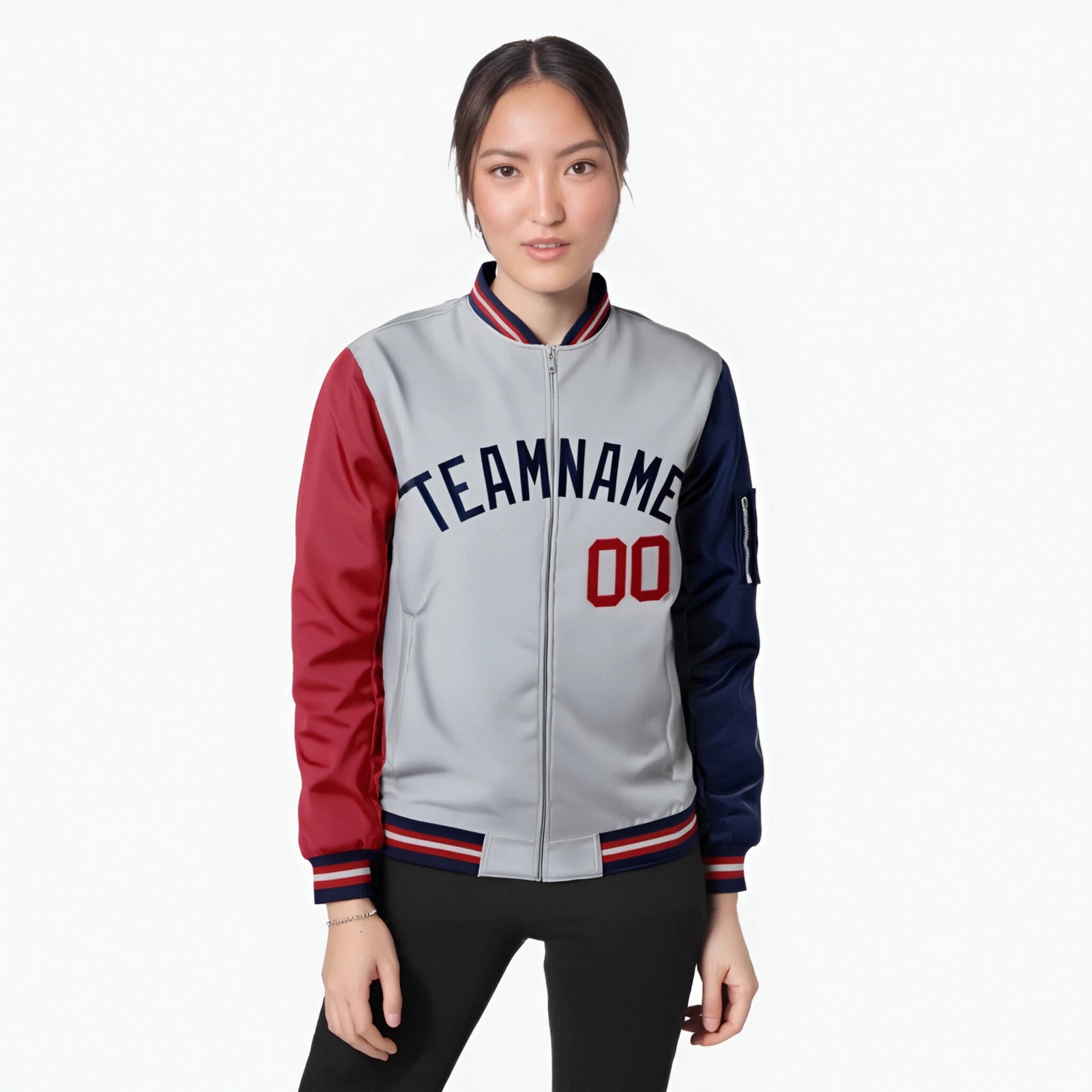 Custom Gray Navy-Red Varsity Full-Zip Raglan Sleeves Letterman Bomber Jacket