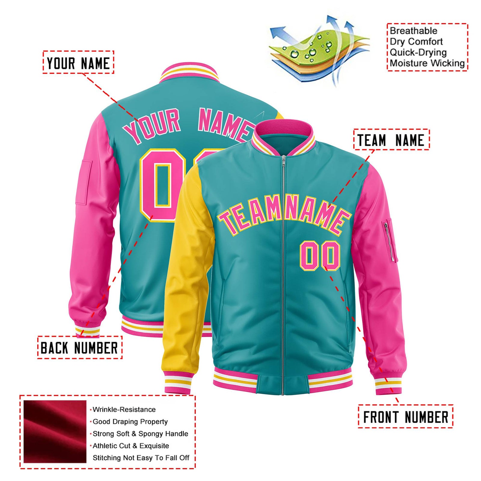 Custom Aqua Pink-Gold Varsity Full-Zip Raglan Sleeves Letterman Bomber Jacket