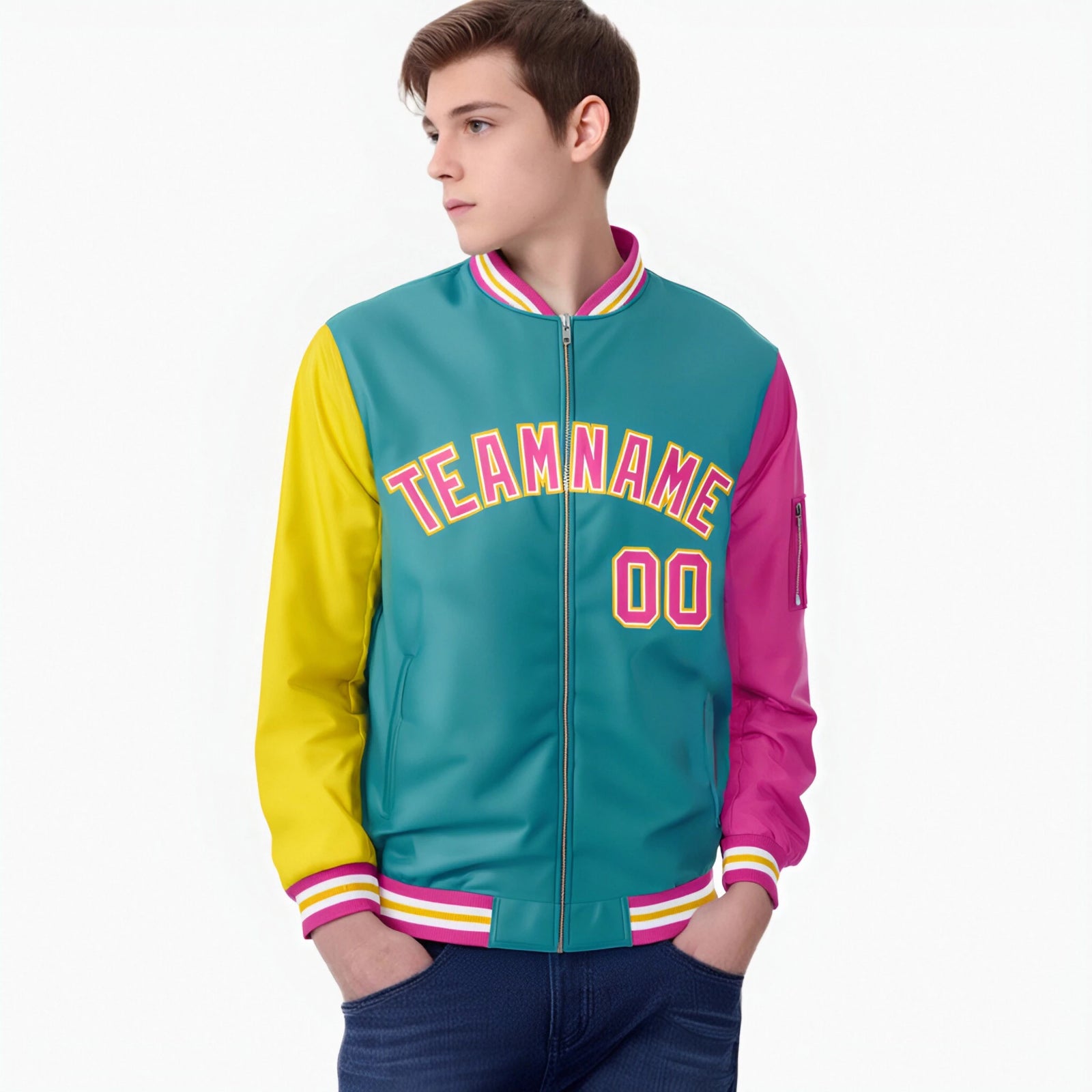 Custom Aqua Pink-Gold Varsity Full-Zip Raglan Sleeves Letterman Bomber Jacket