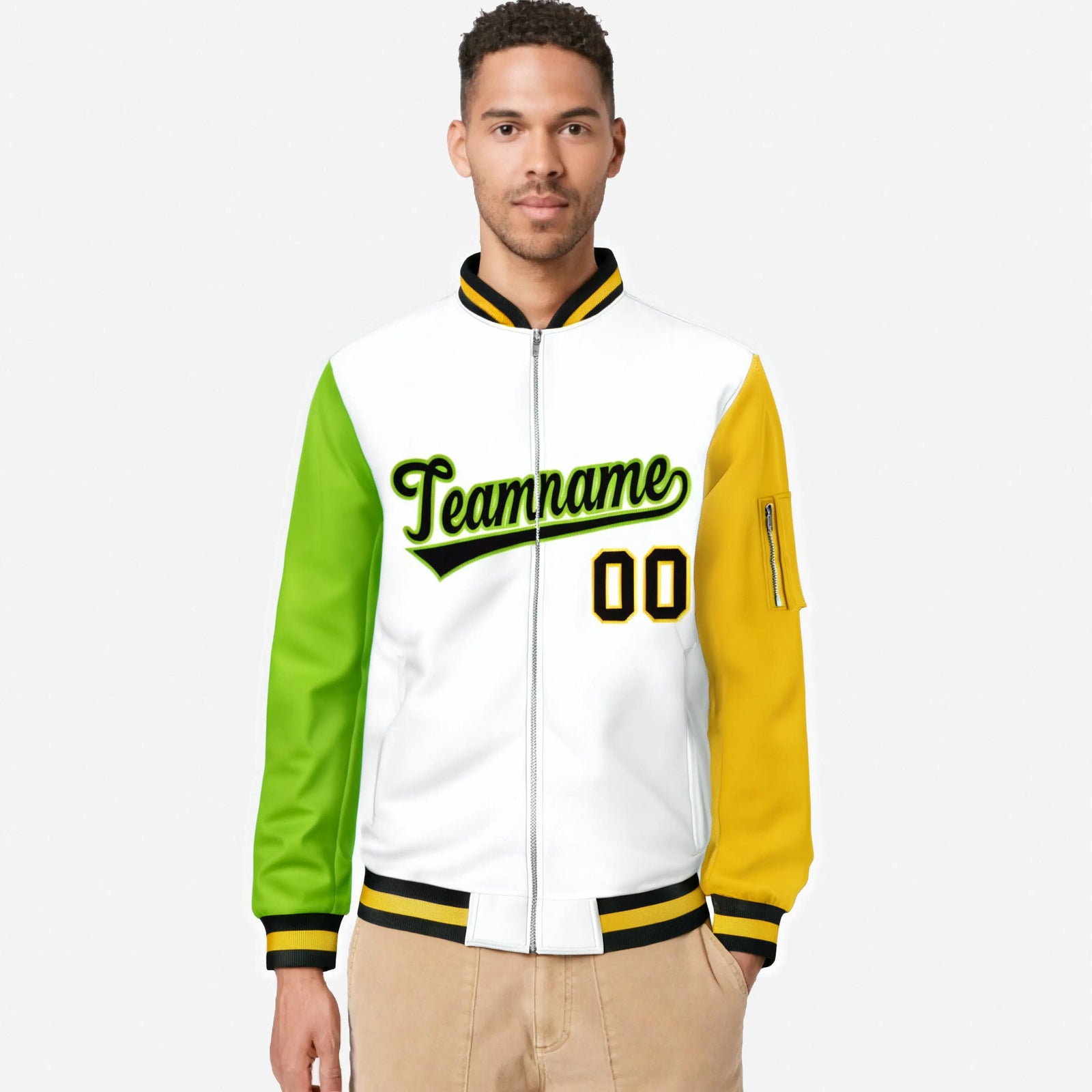 Custom White Gold-Neon Green Varsity Full-Zip Raglan Sleeves Letterman Bomber Jacket