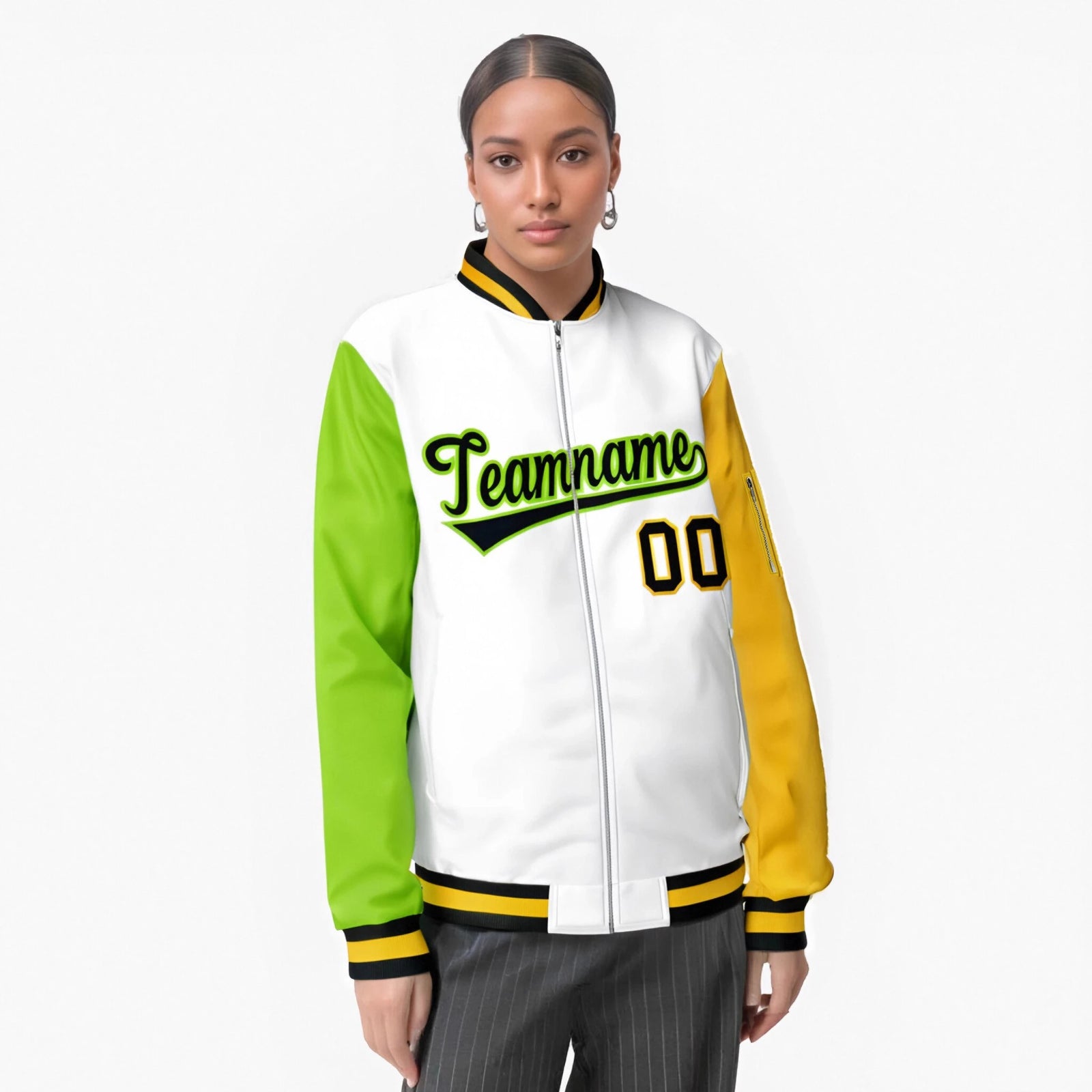 Custom White Gold-Neon Green Varsity Full-Zip Raglan Sleeves Letterman Bomber Jacket