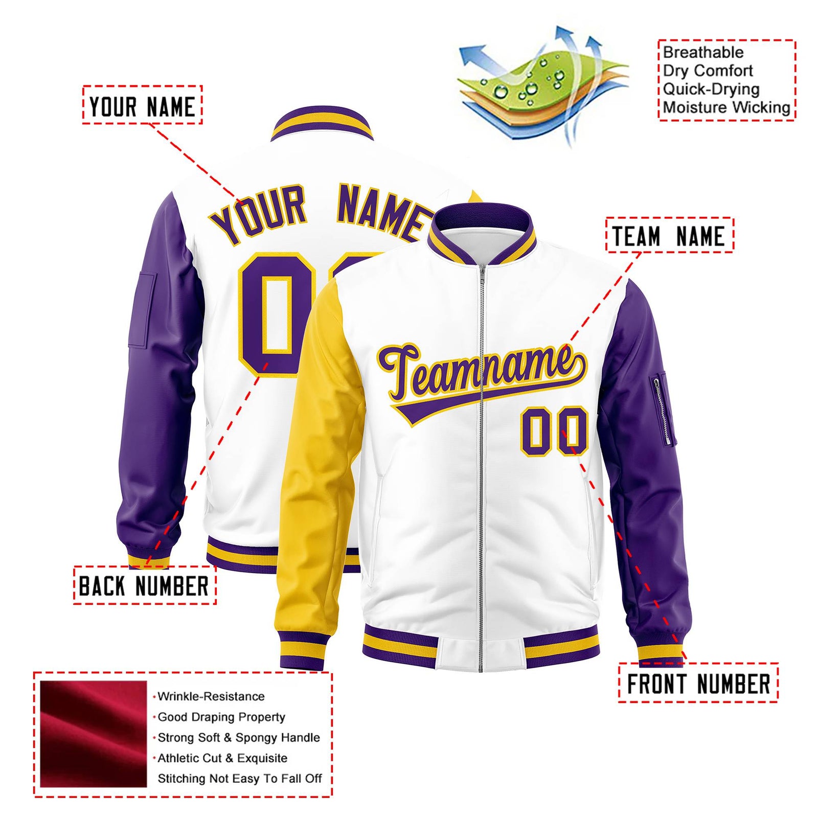 Custom White Gold-Purple Varsity Full-Zip Raglan Sleeves Letterman Bomber Jacket